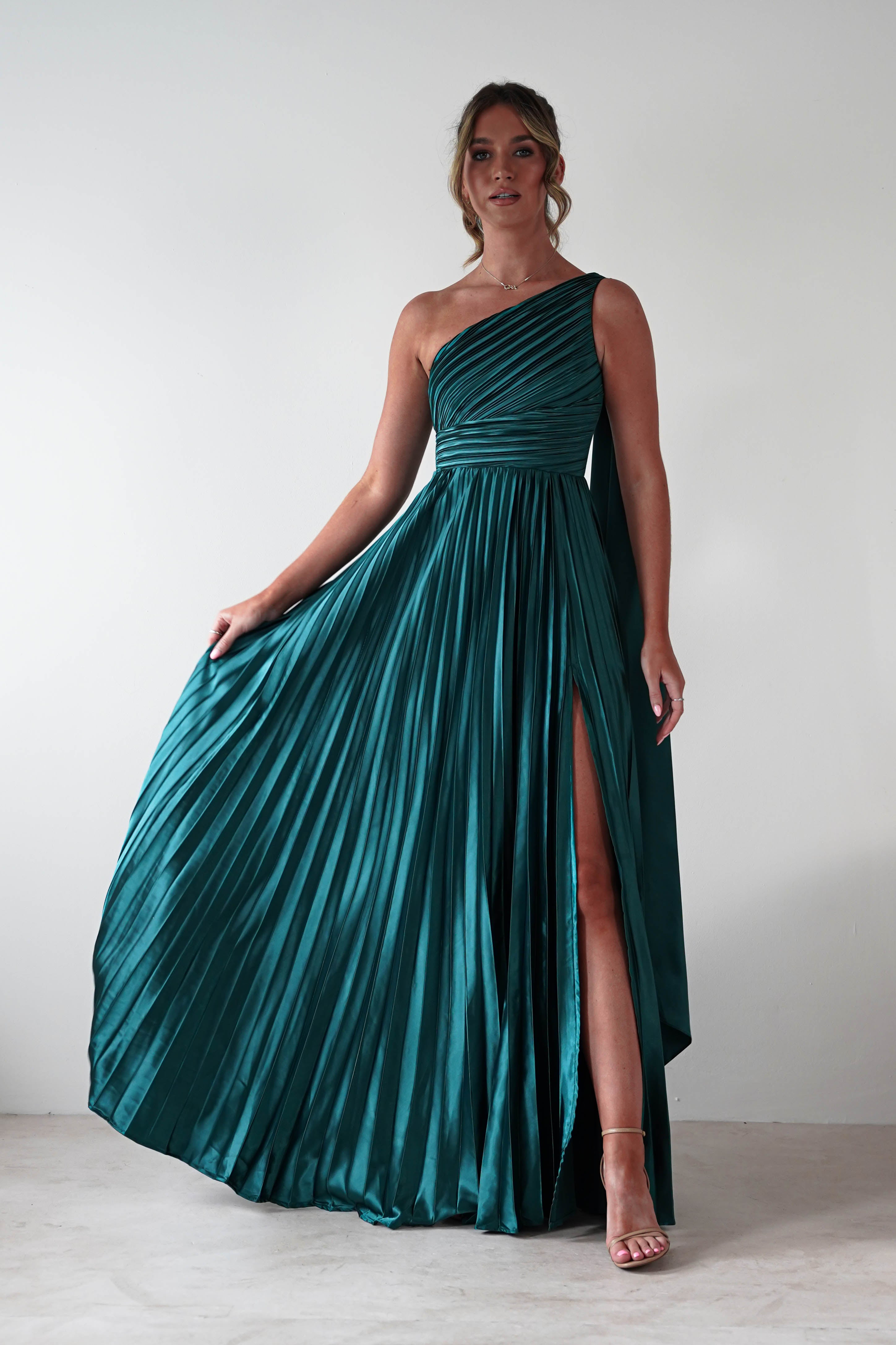 MANIJU Dresses 1*DONE - MANIJU- MF22257R-PLEATED DRESS IN GREEN WITH DRAPED SASH