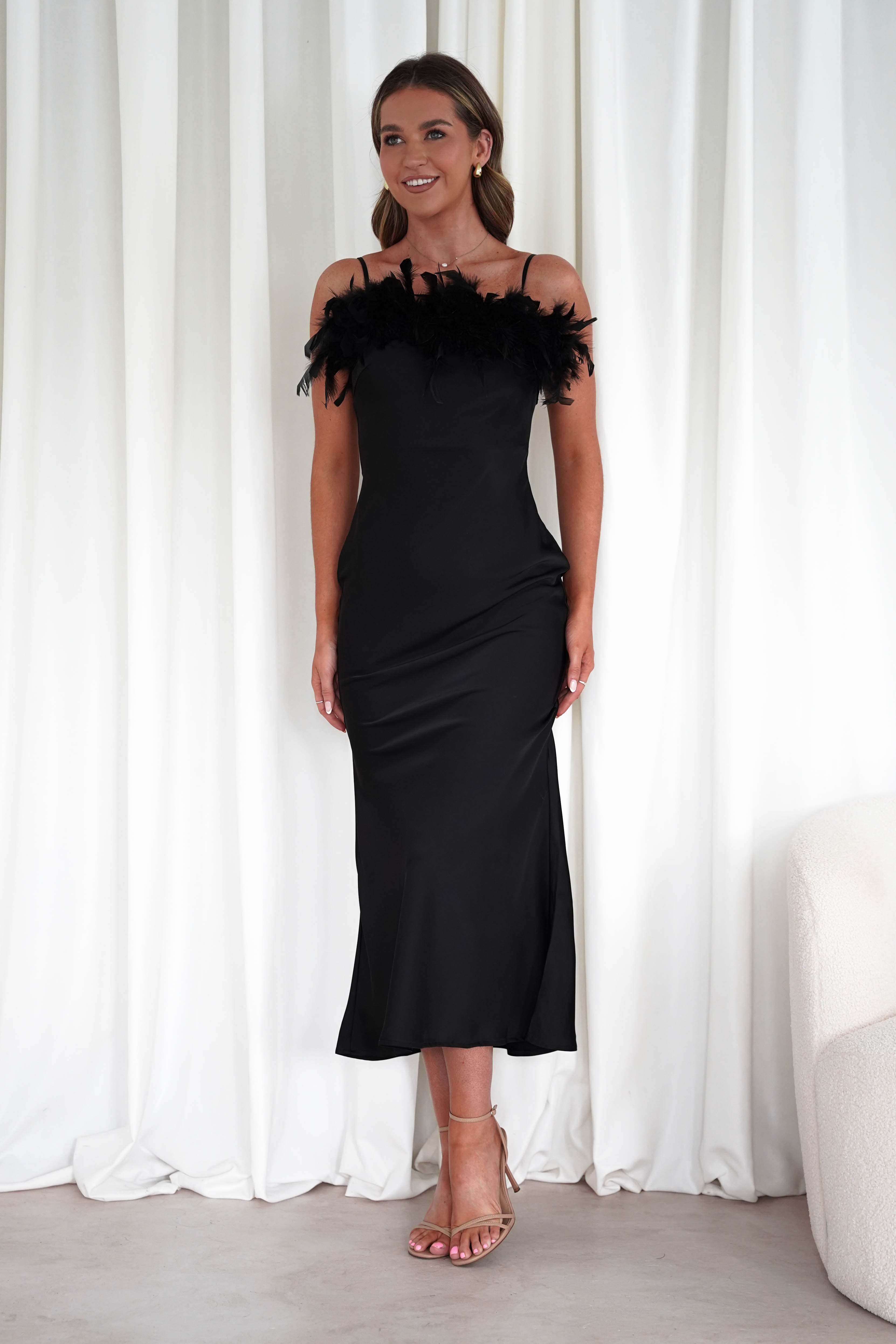 MANIJU Dresses 1*DONE - MANIJU- MF23065-BLACK FEATHER DETAIL DRESS