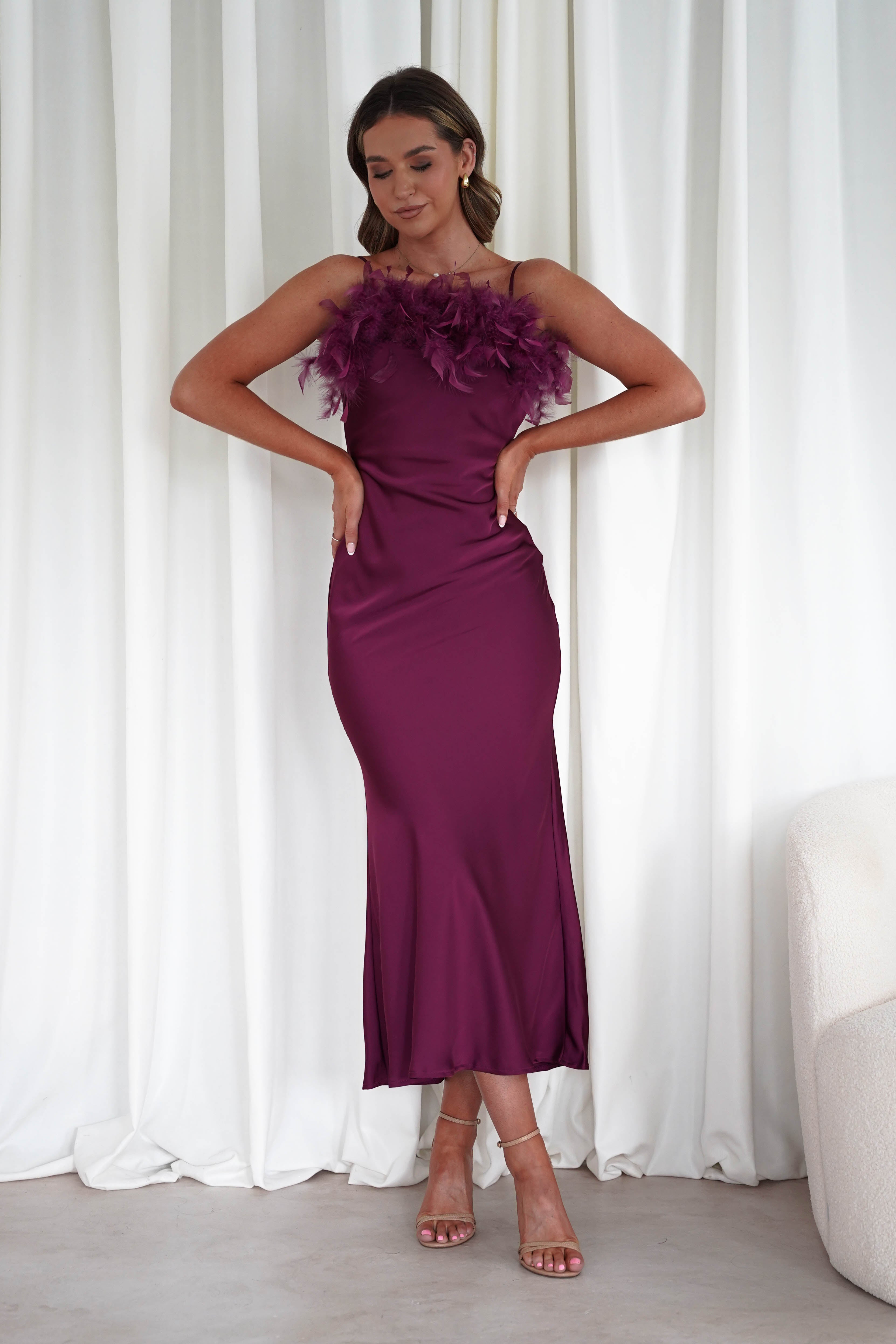 MANIJU Dresses 1*DONE - MANIJU- MF23065-PLUM FEATHER DETAIL DRESS