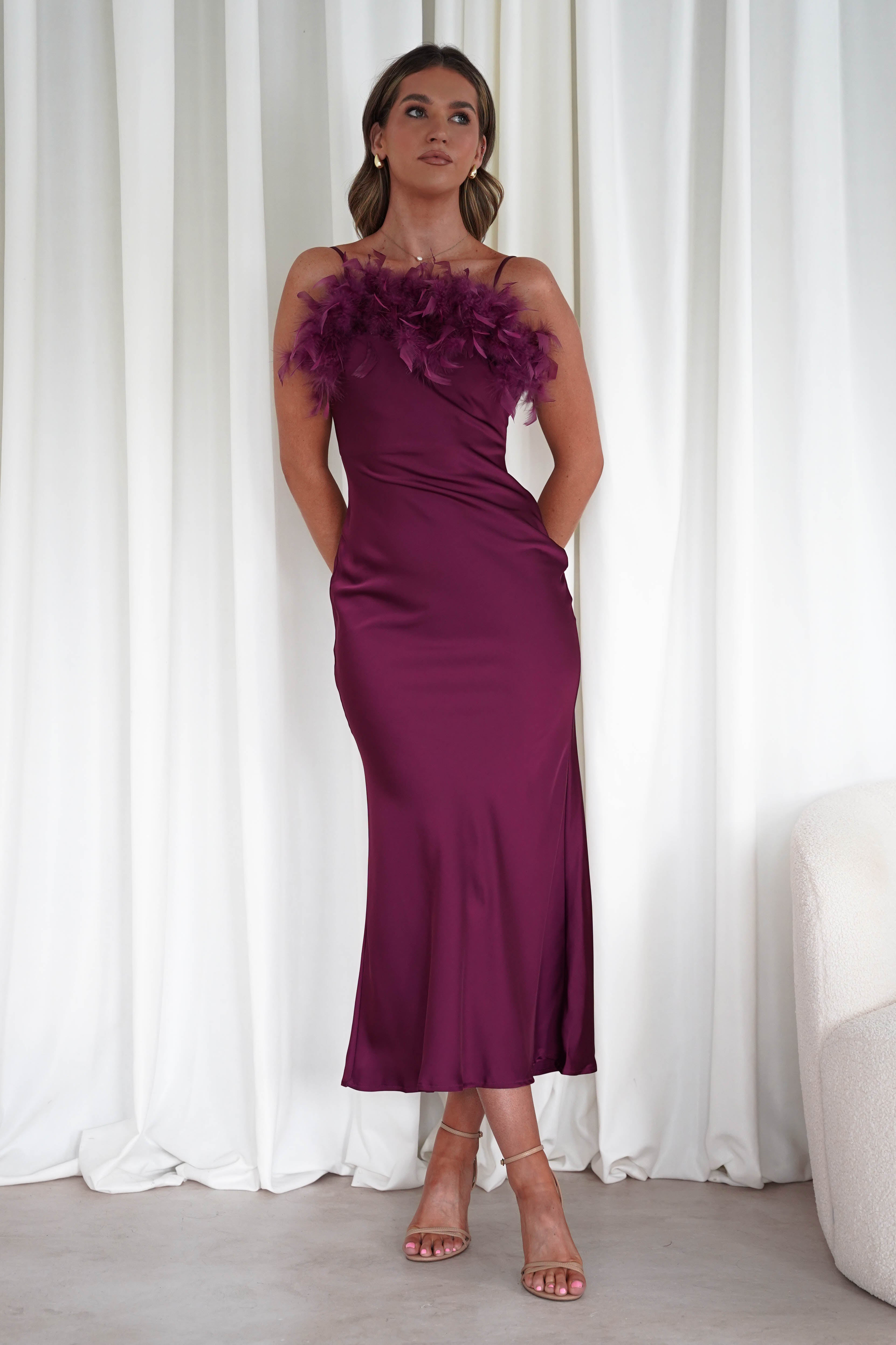 MANIJU Dresses 1*DONE - MANIJU- MF23065-PLUM FEATHER DETAIL DRESS