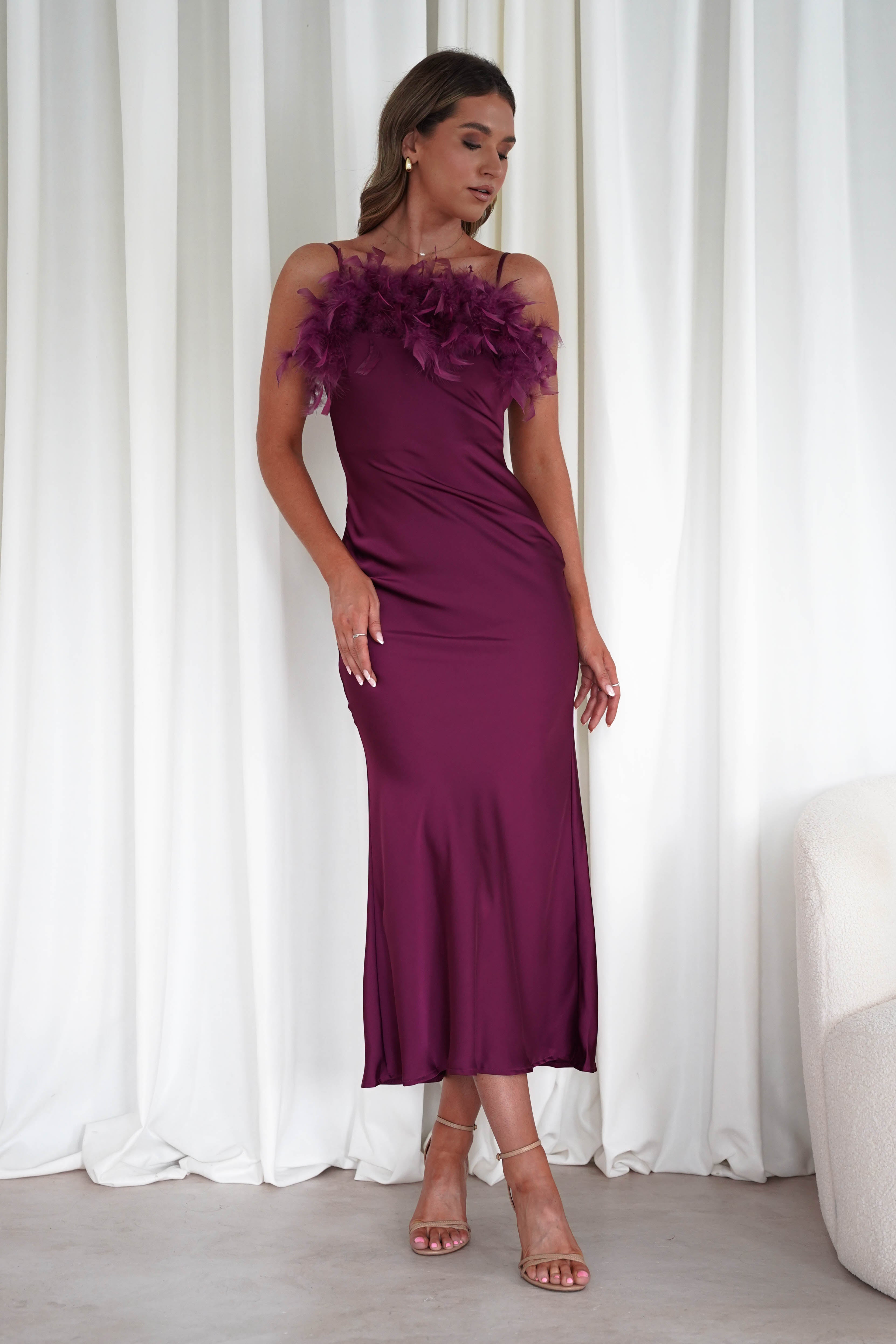 MANIJU Dresses 1*DONE - MANIJU- MF23065-PLUM FEATHER DETAIL DRESS