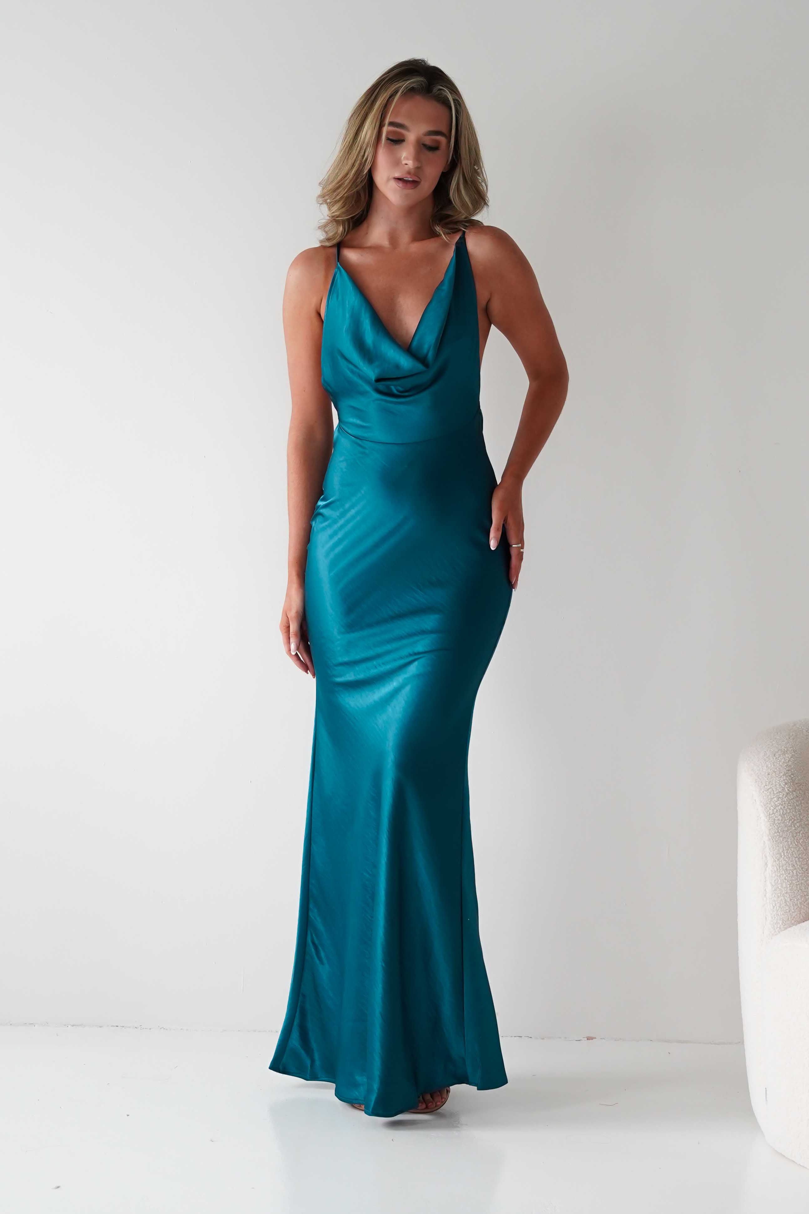 MANIJU Dresses 1*DONE - MANIJU- MF23066-TEAL SATIN DRESS