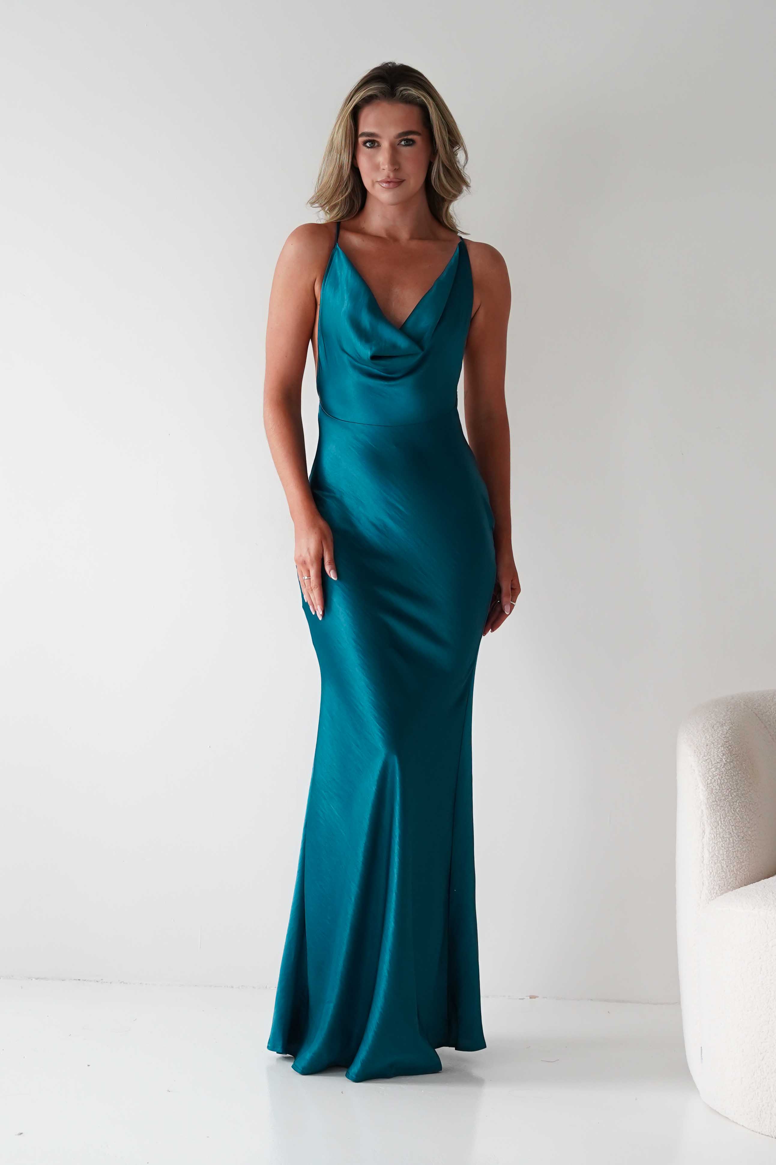 MANIJU Dresses 1*DONE - MANIJU- MF23066-TEAL SATIN DRESS