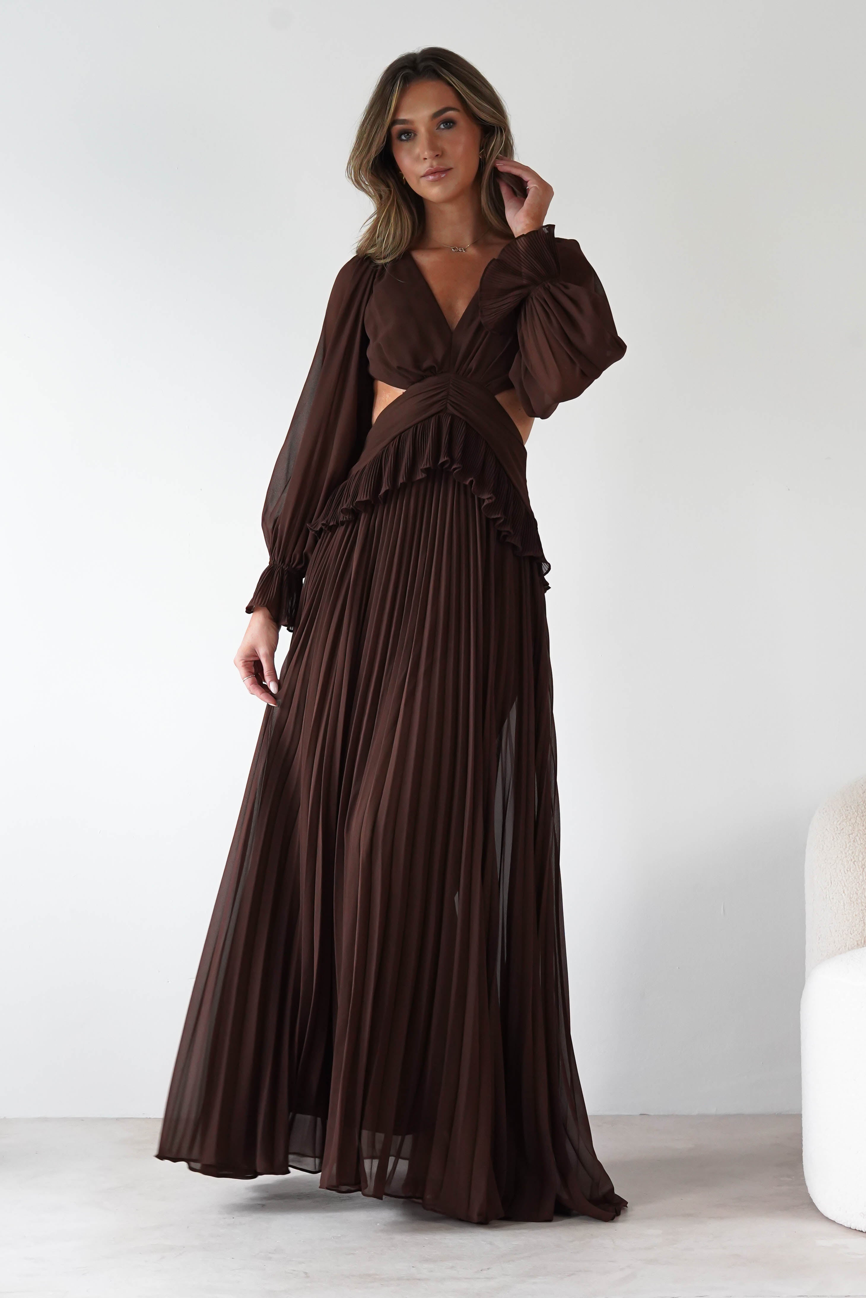 MANIJU Dresses 1*DONE -MANIJU-MF25021-CHOCOLATE PLEATED DRESS