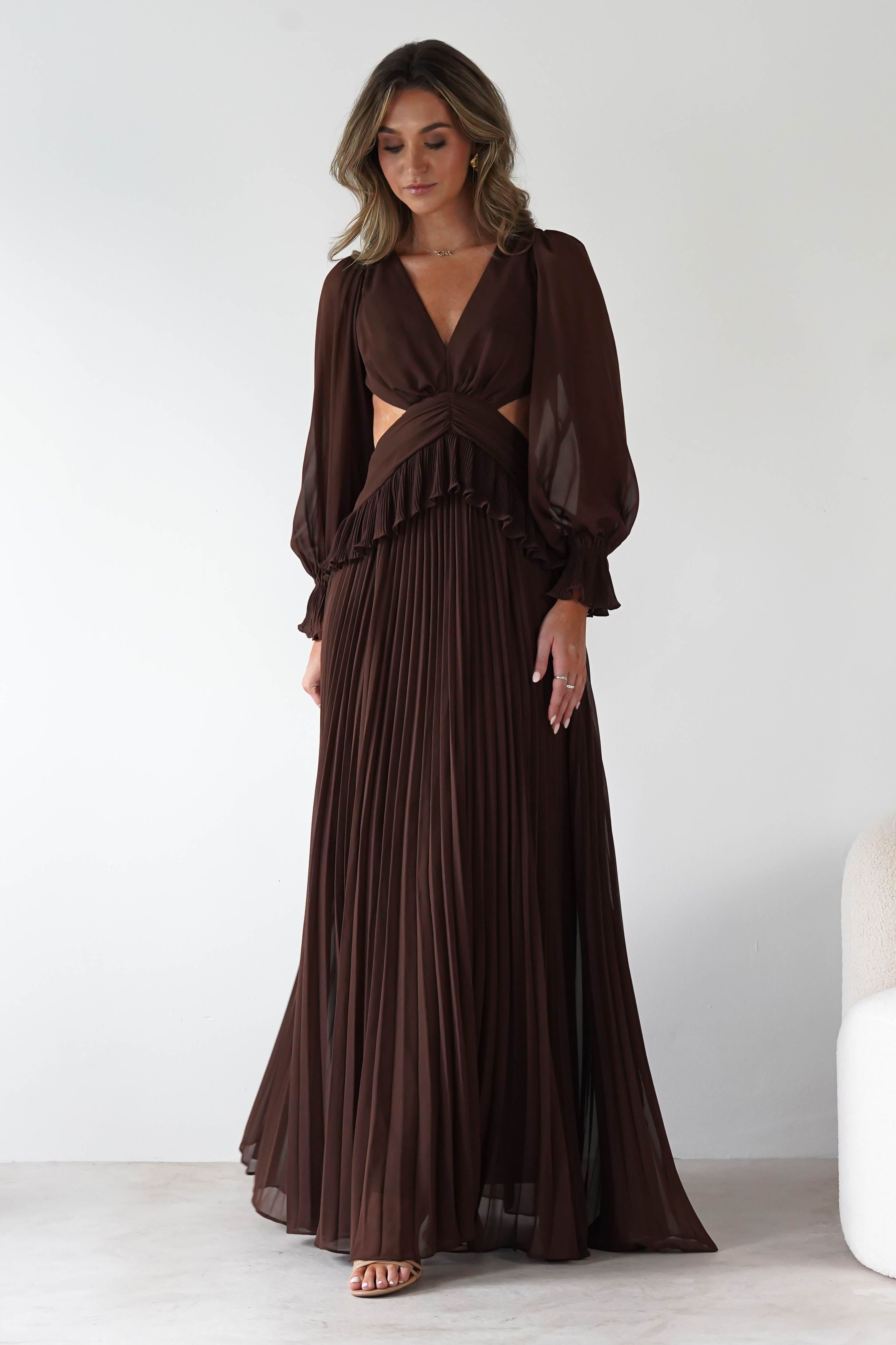 MANIJU Dresses 1*DONE -MANIJU-MF25021-CHOCOLATE PLEATED DRESS