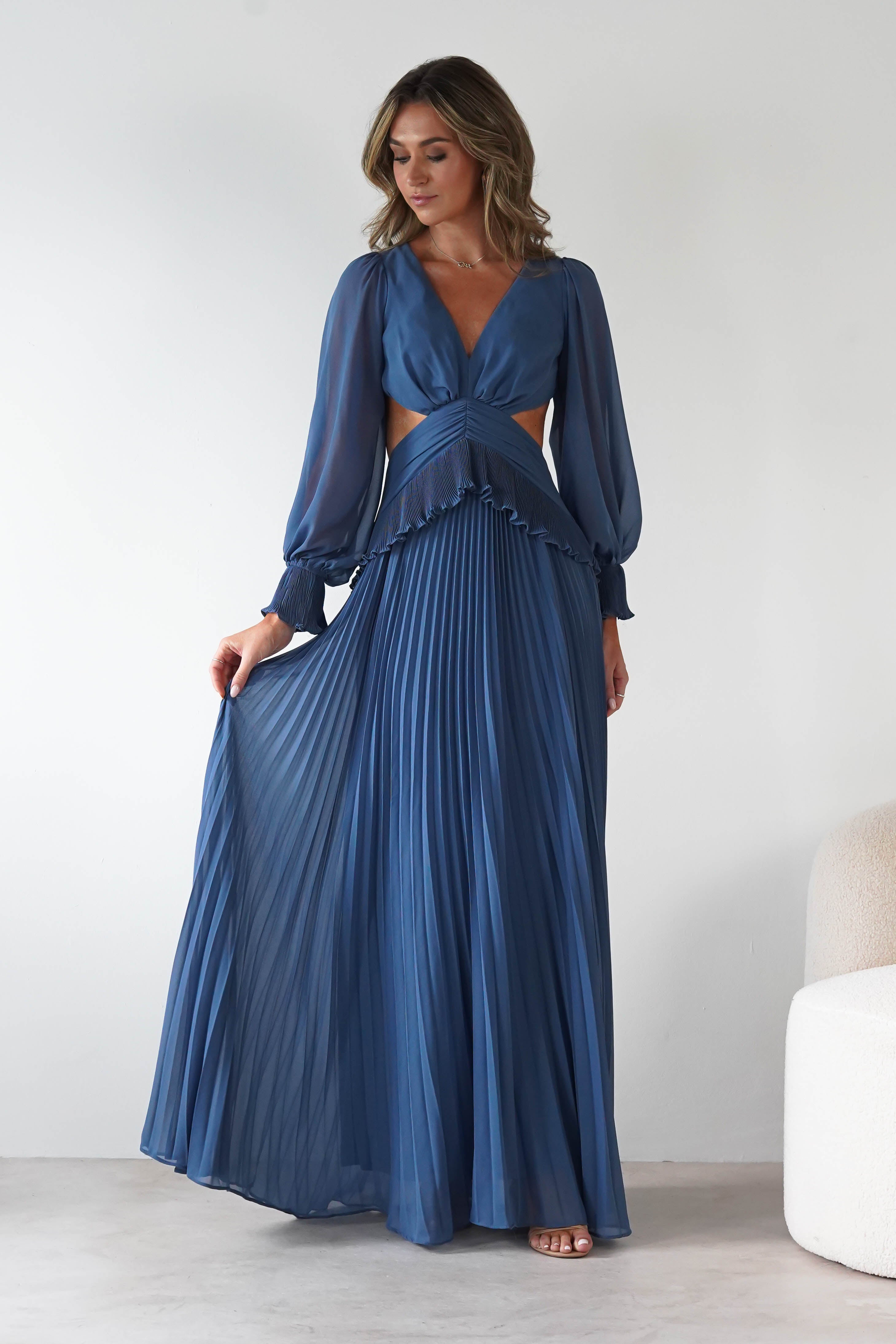 MANIJU Dresses 1*DONE -MANIJU-MF25021-SLATE BLUE PLEATED DRESS