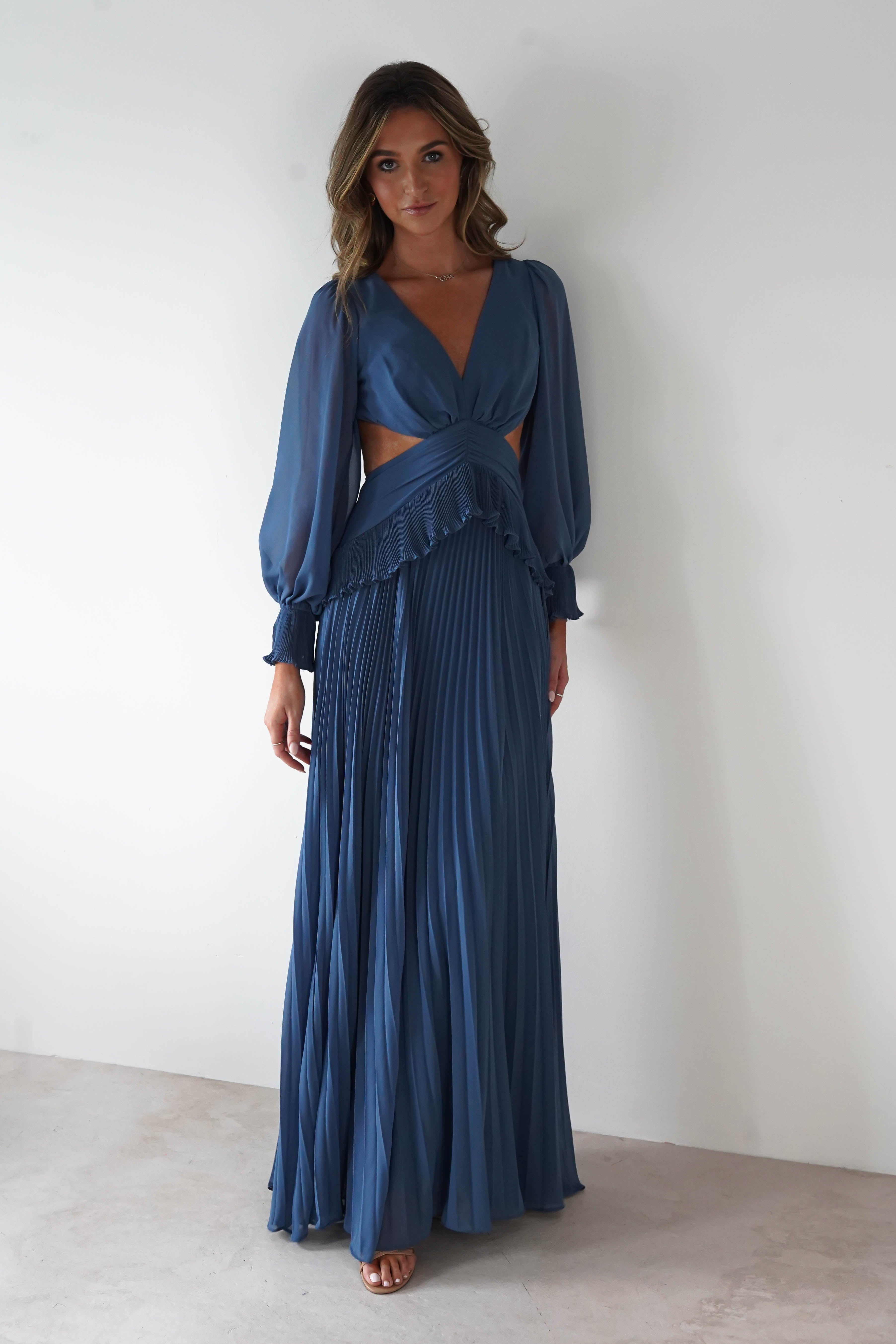 MANIJU Dresses 1*DONE -MANIJU-MF25021-SLATE BLUE PLEATED DRESS