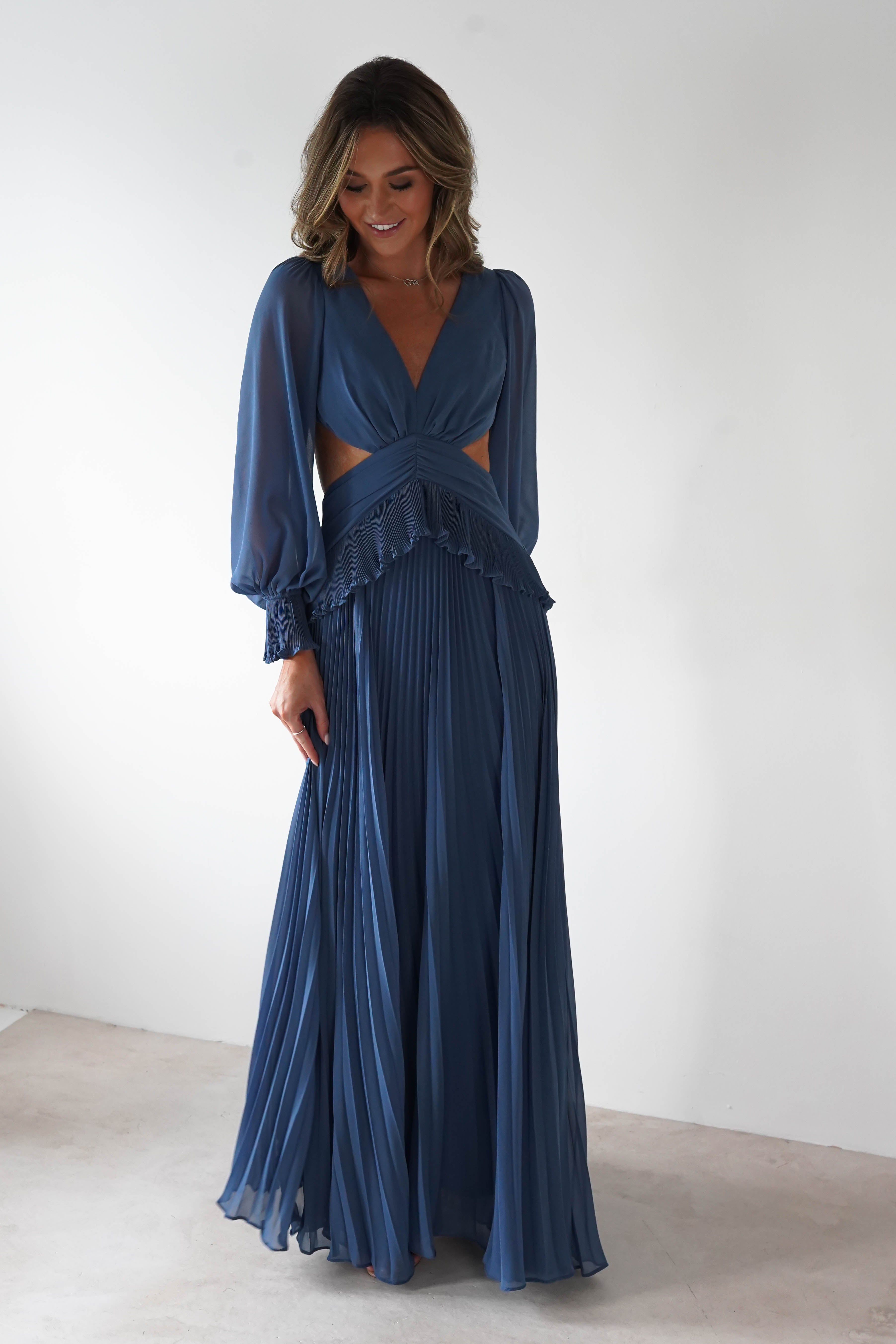 MANIJU Dresses 1*DONE -MANIJU-MF25021-SLATE BLUE PLEATED DRESS