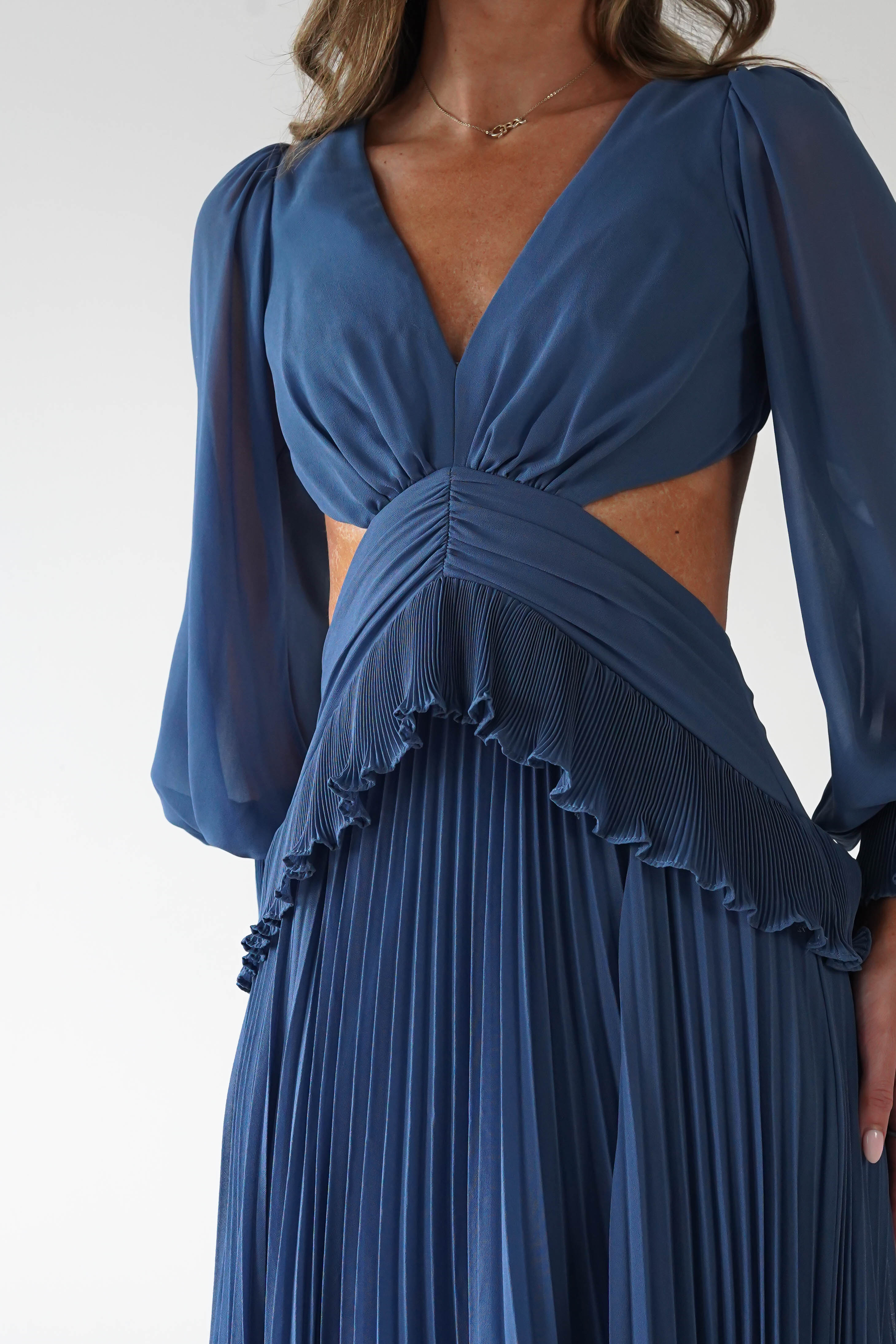 MANIJU Dresses 1*DONE -MANIJU-MF25021-SLATE BLUE PLEATED DRESS