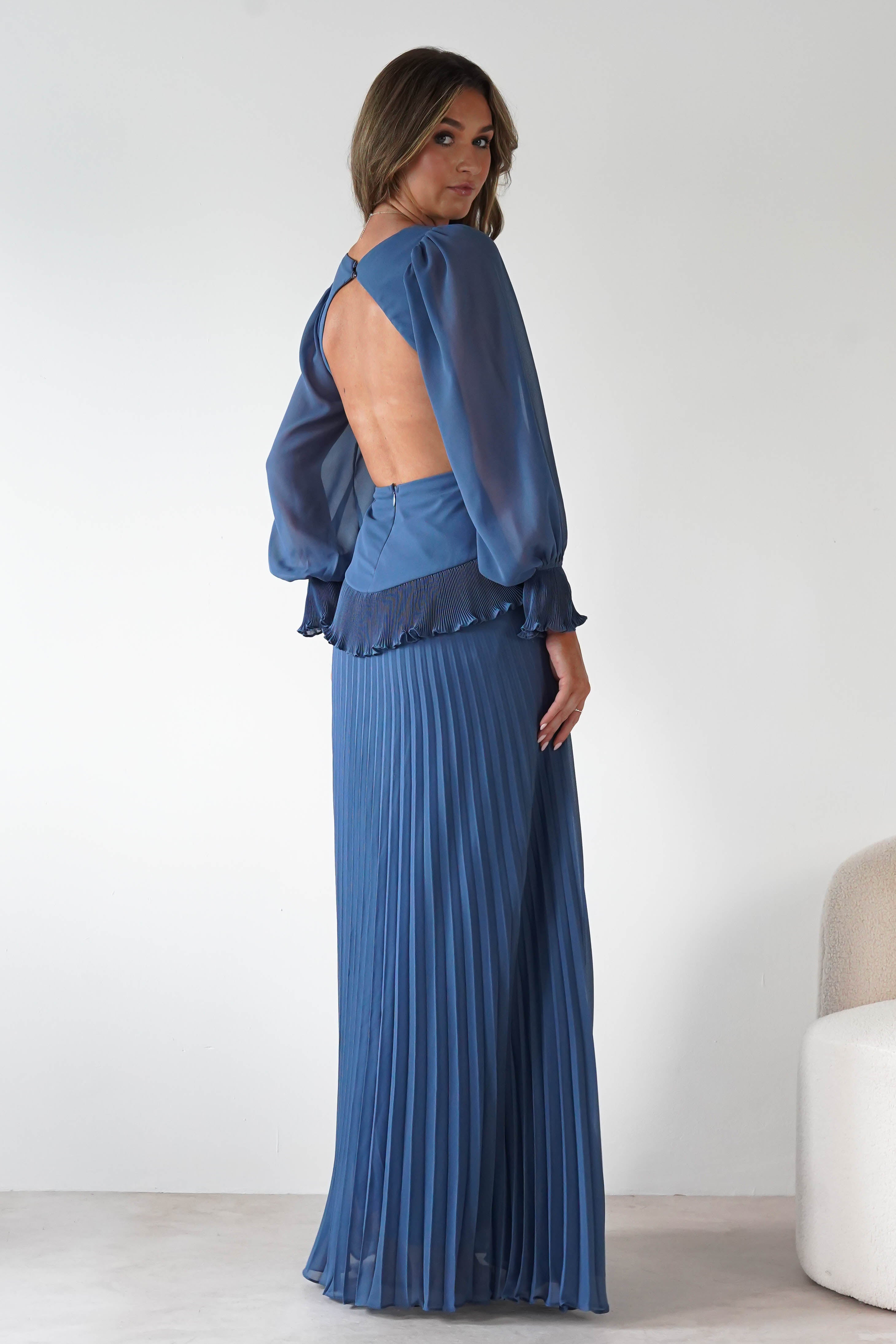 MANIJU Dresses 1*DONE -MANIJU-MF25021-SLATE BLUE PLEATED DRESS