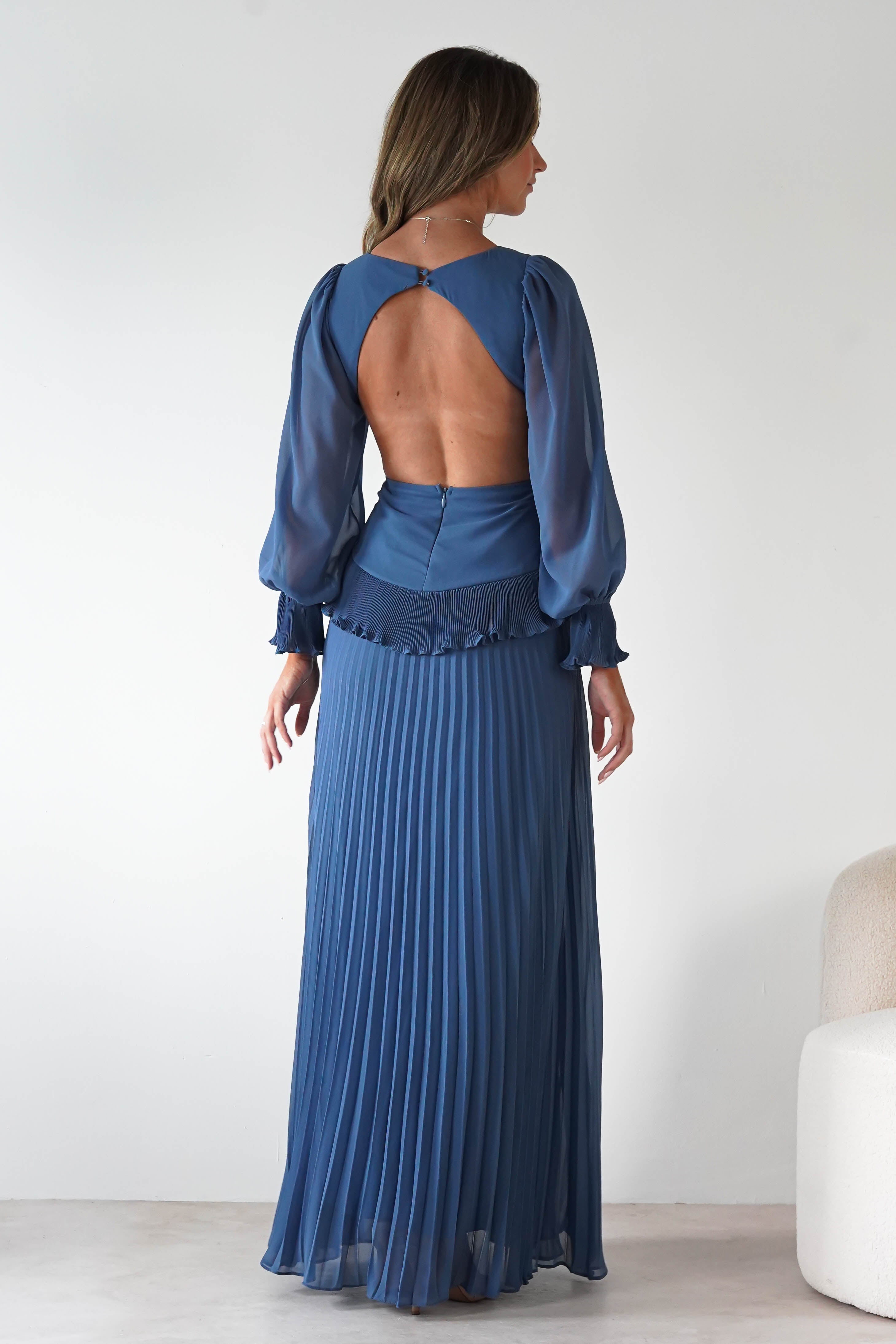 MANIJU Dresses 1*DONE -MANIJU-MF25021-SLATE BLUE PLEATED DRESS