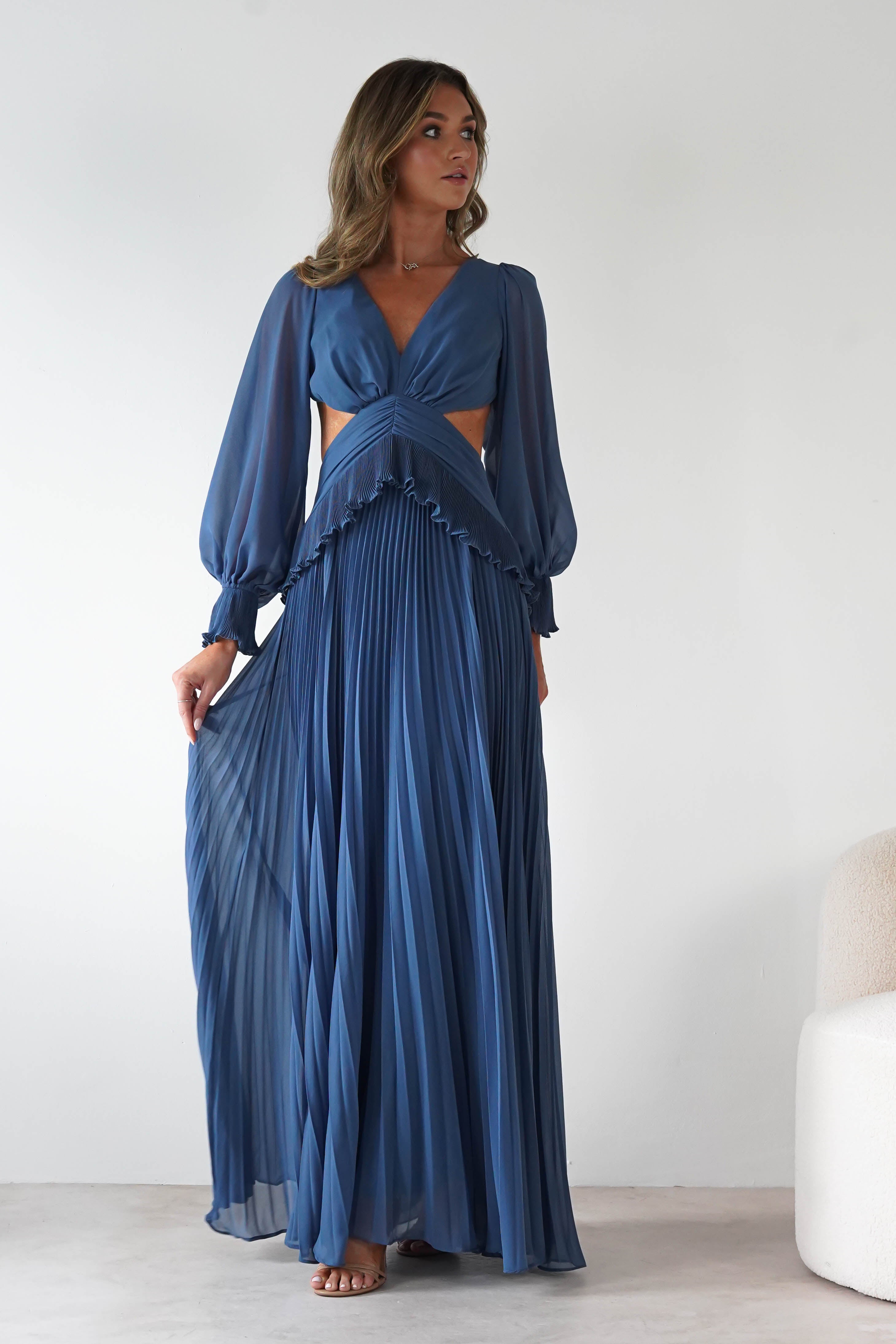 MANIJU Dresses 1*DONE -MANIJU-MF25021-SLATE BLUE PLEATED DRESS