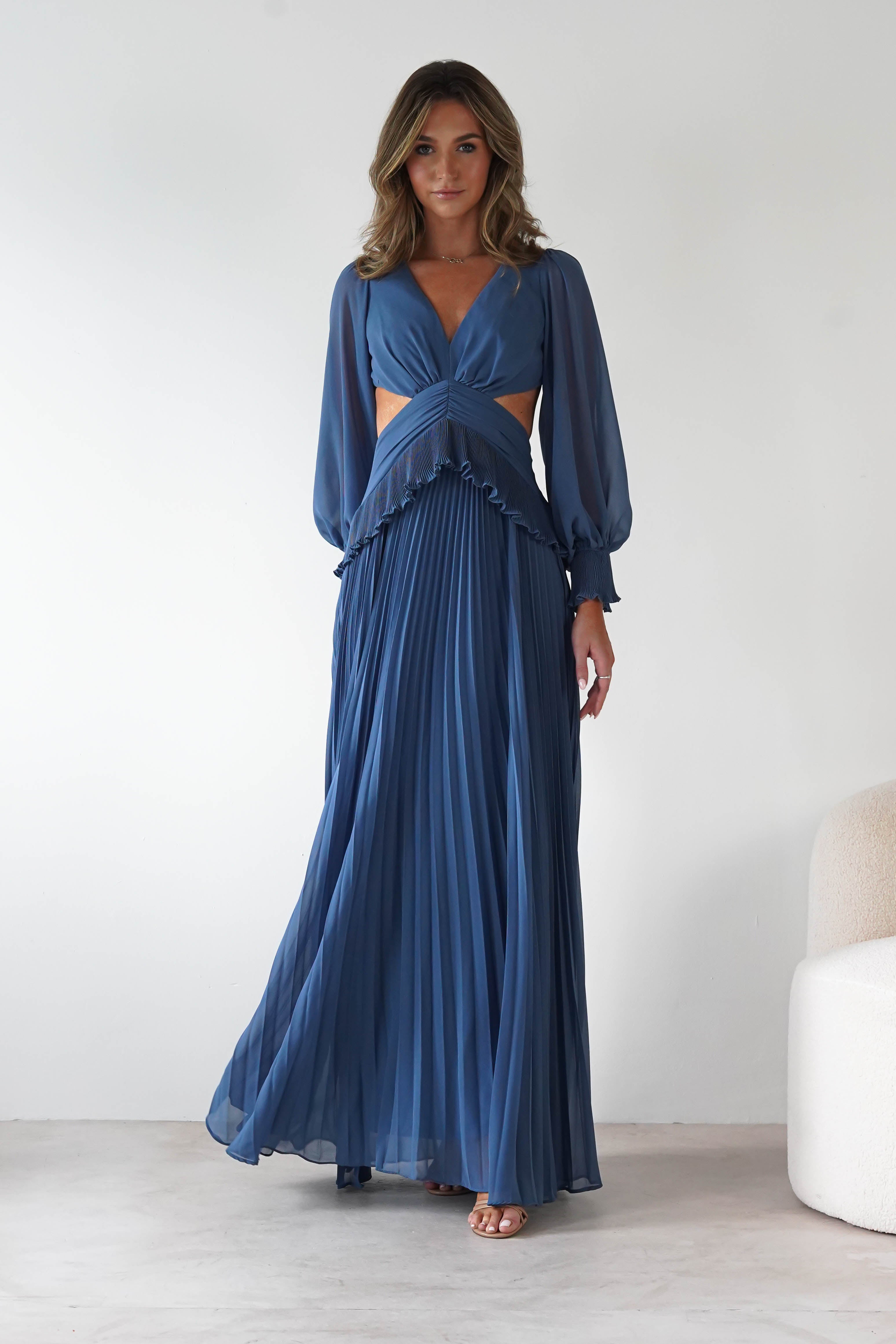 MANIJU Dresses 1*DONE -MANIJU-MF25021-SLATE BLUE PLEATED DRESS