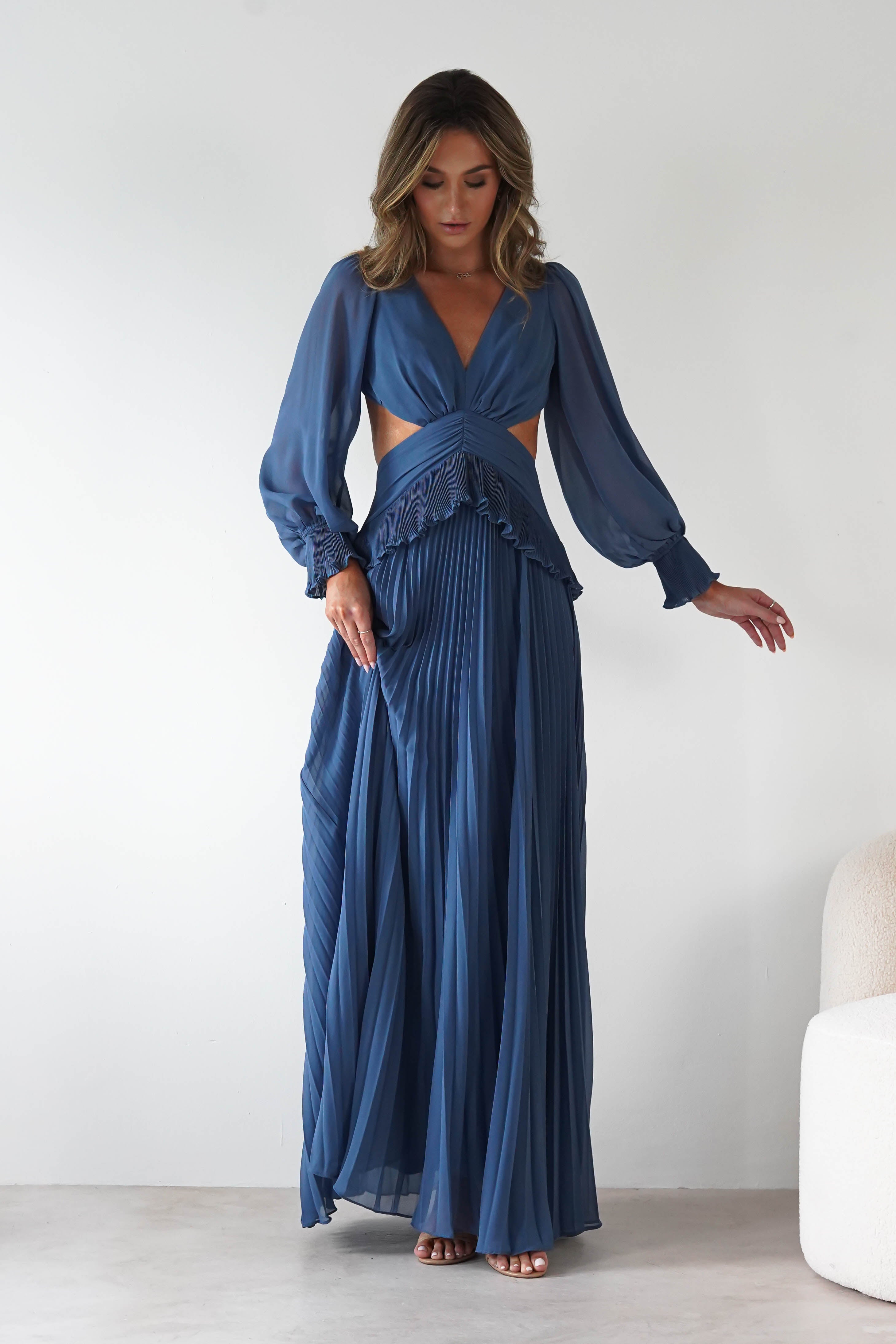 MANIJU Dresses 1*DONE -MANIJU-MF25021-SLATE BLUE PLEATED DRESS