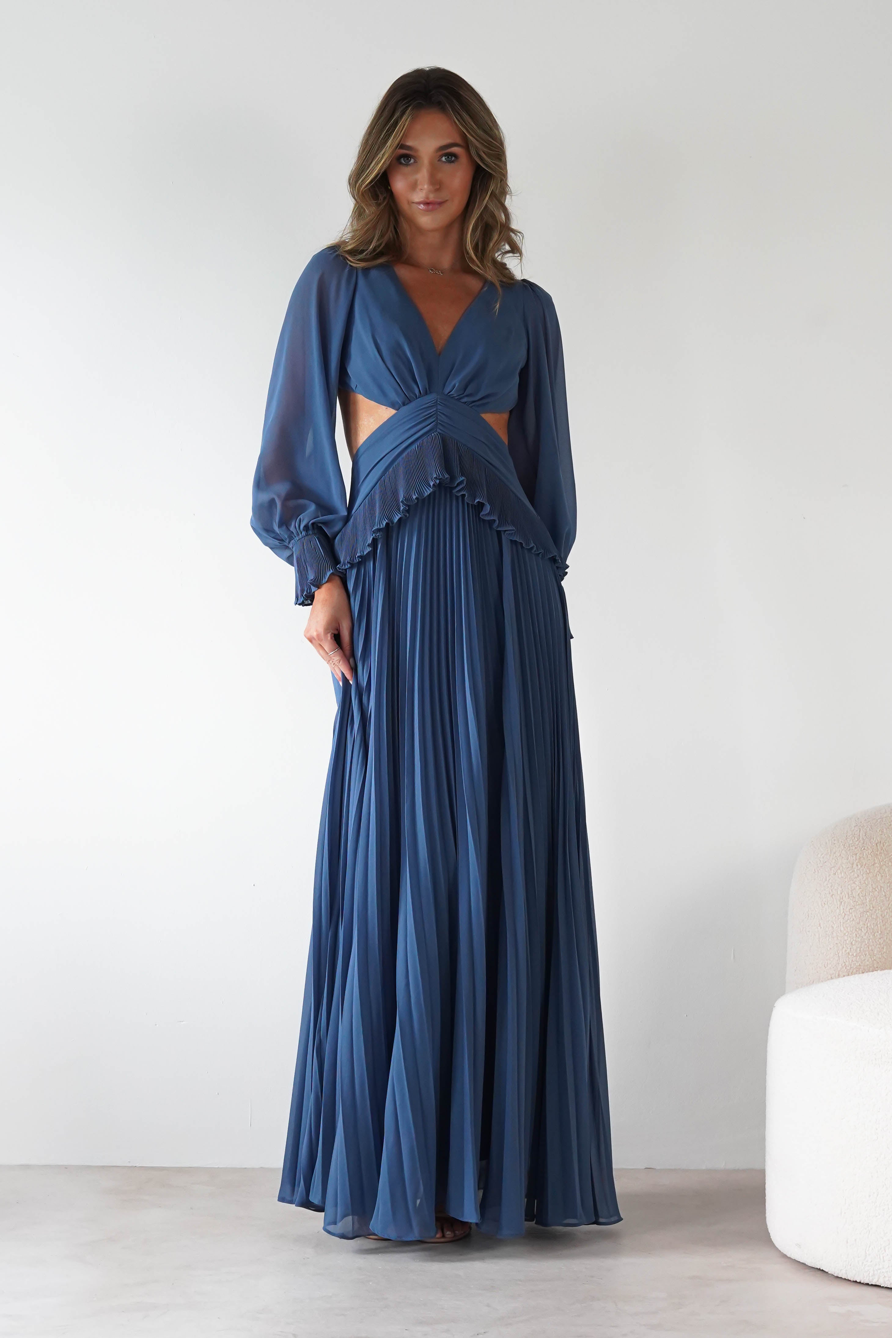 MANIJU Dresses 1*DONE -MANIJU-MF25021-SLATE BLUE PLEATED DRESS