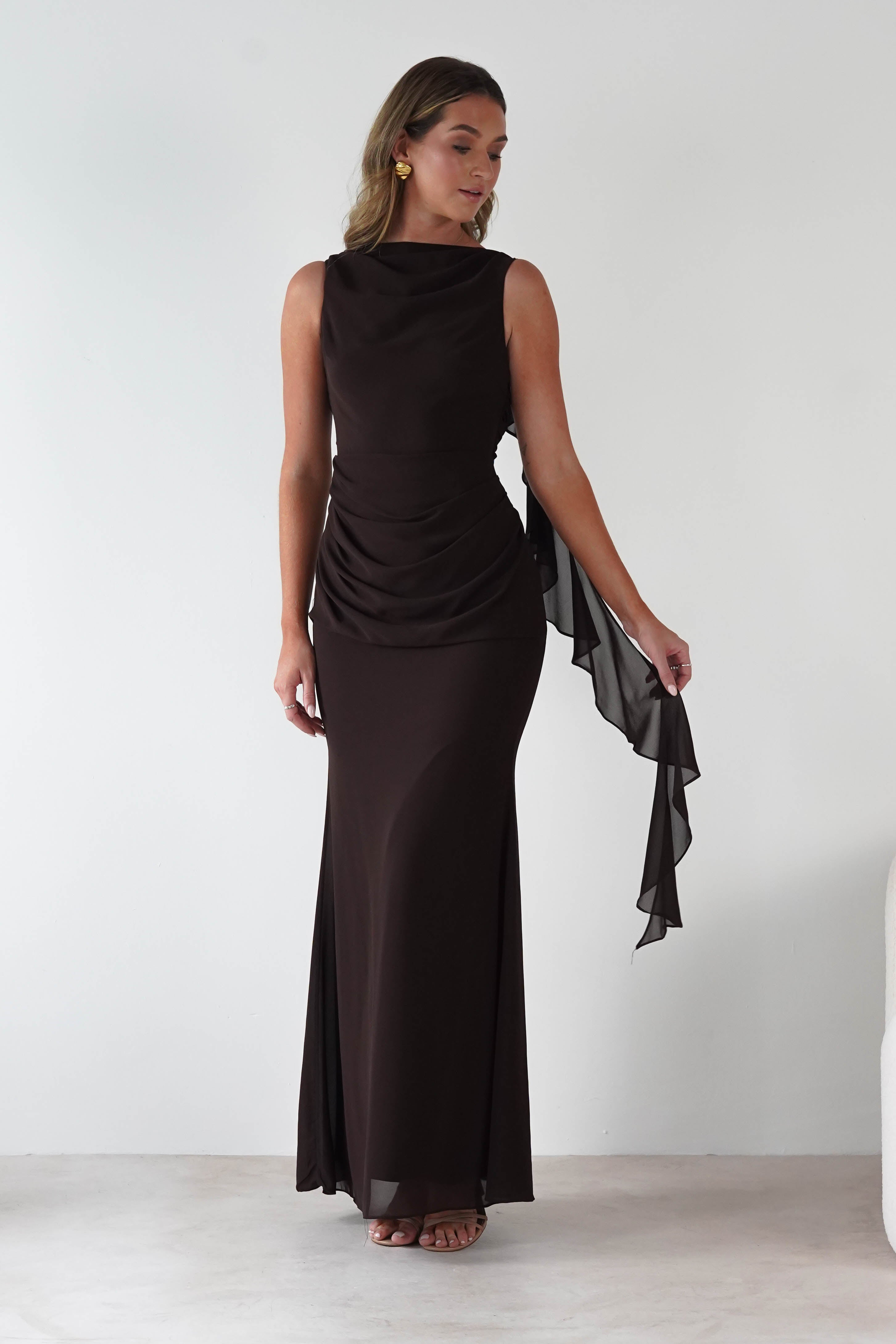 MANIJU Dresses 1*DONE -MANIJU-MF25029-CHOCALATE DRESS WITH RUFFLE DRAPE