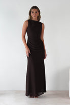 MANIJU Dresses 1*DONE -MANIJU-MF25029-CHOCALATE DRESS WITH RUFFLE DRAPE