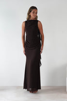 MANIJU Dresses 1*DONE -MANIJU-MF25029-CHOCALATE DRESS WITH RUFFLE DRAPE