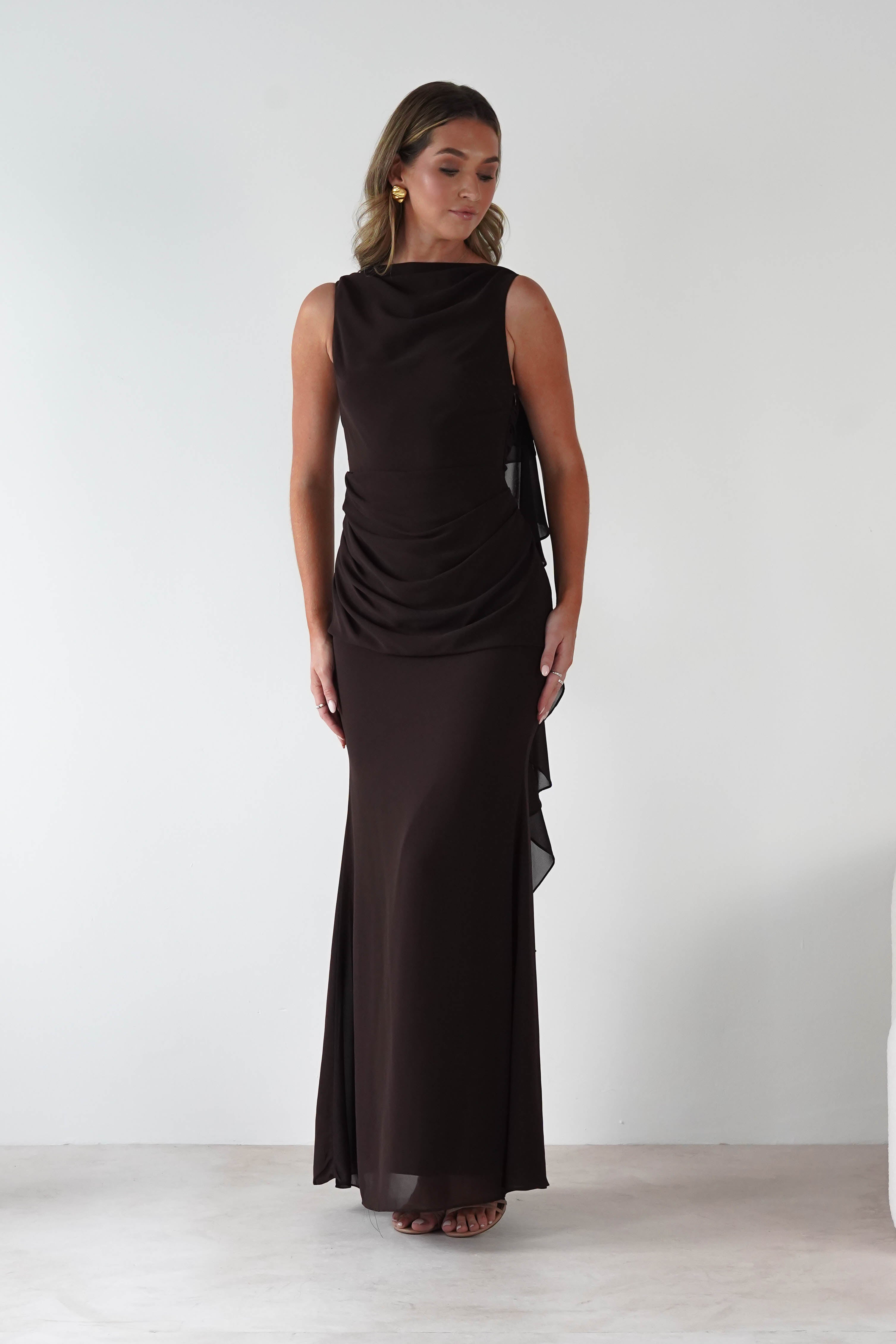 MANIJU Dresses 1*DONE -MANIJU-MF25029-CHOCALATE DRESS WITH RUFFLE DRAPE