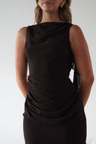 MANIJU Dresses 1*DONE -MANIJU-MF25029-CHOCALATE DRESS WITH RUFFLE DRAPE