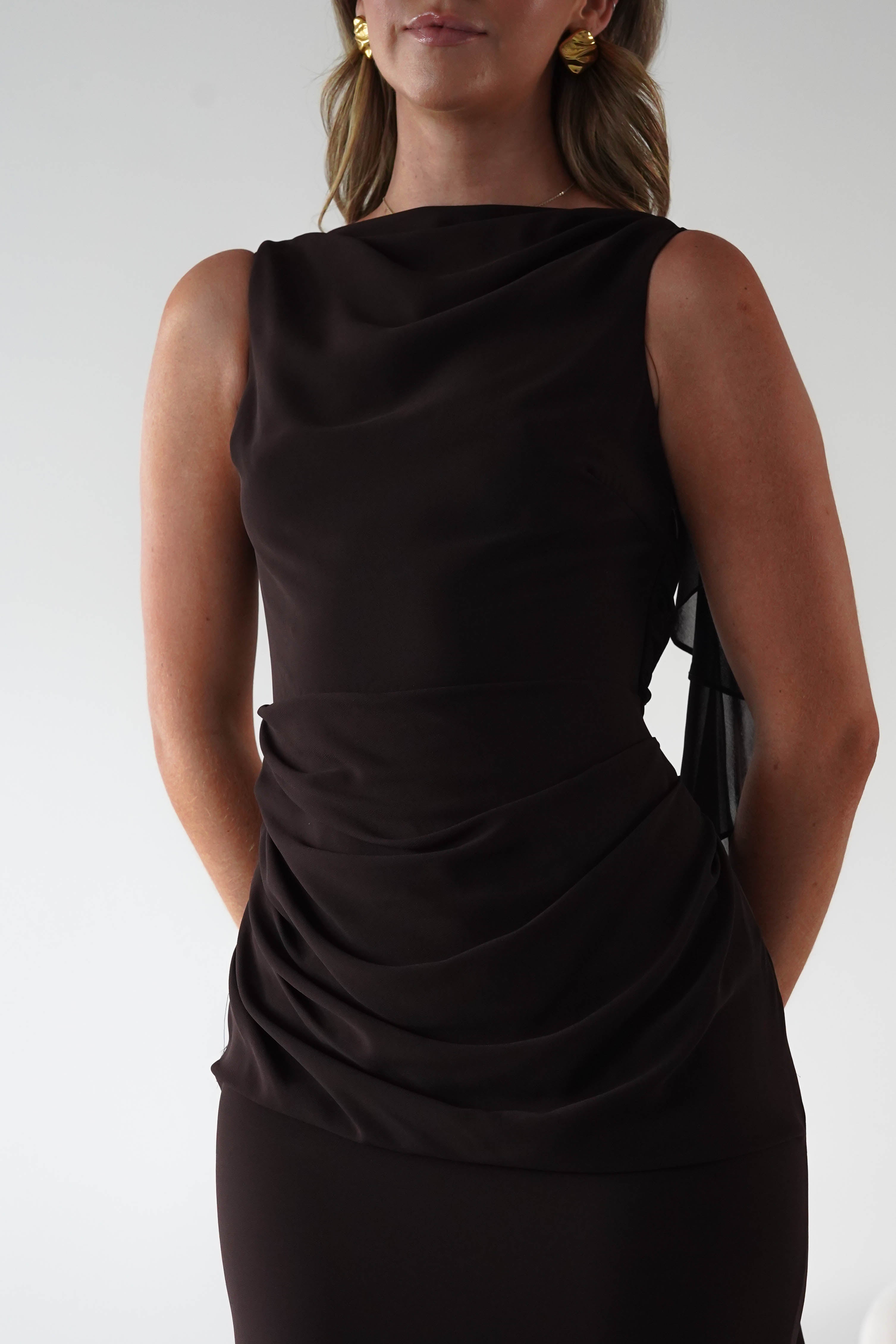 MANIJU Dresses 1*DONE -MANIJU-MF25029-CHOCALATE DRESS WITH RUFFLE DRAPE