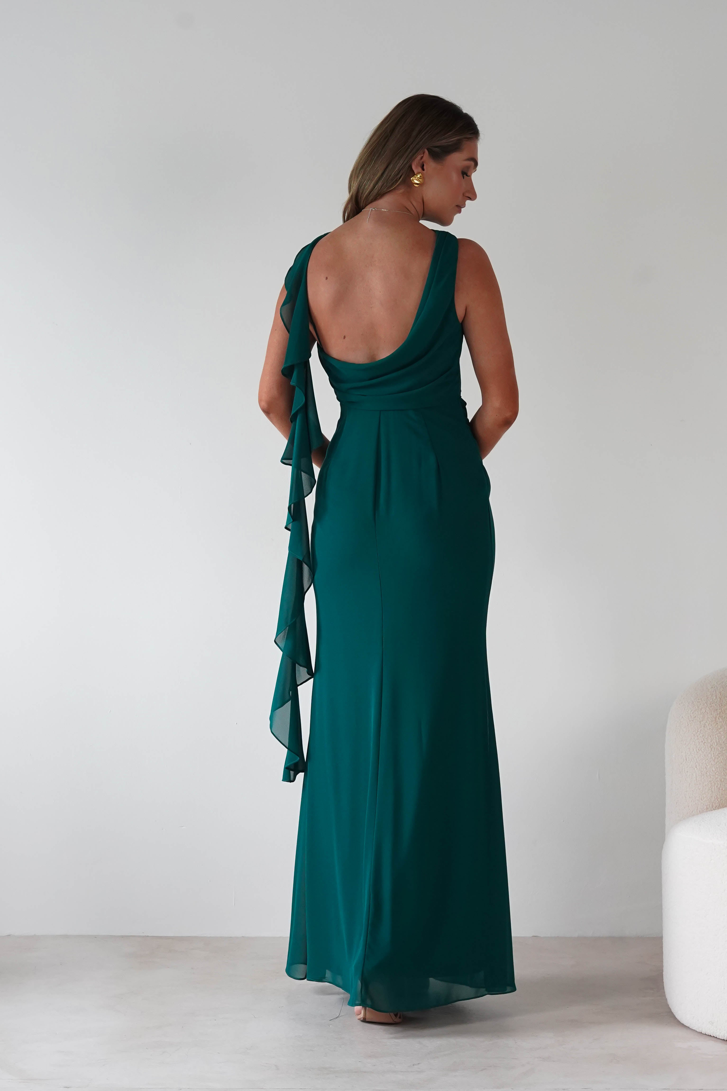 MANIJU Dresses 1*DONE -MANIJU-MF25029-EMERALD DRESS WITH RUFFLE DRAPE