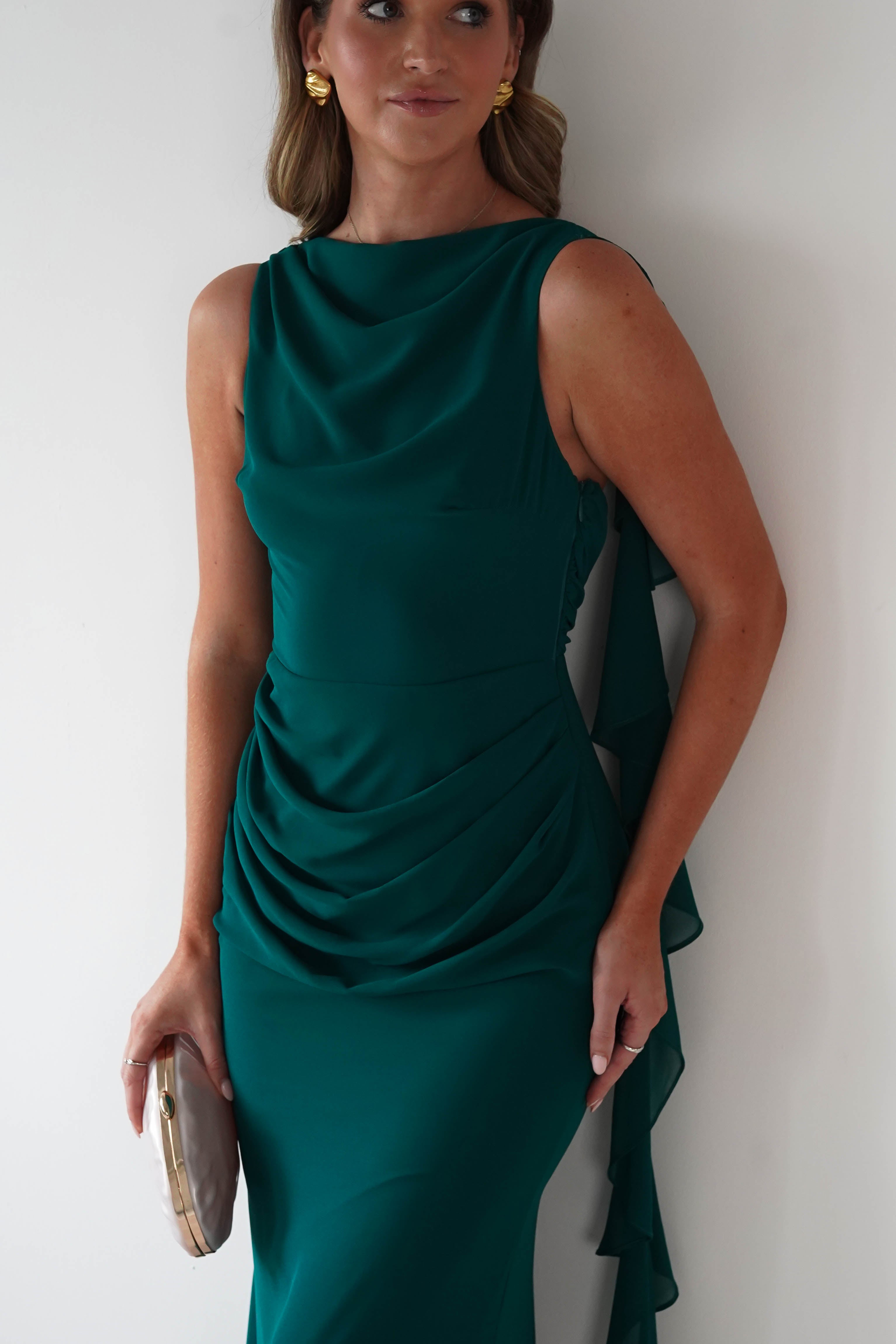 MANIJU Dresses 1*DONE -MANIJU-MF25029-EMERALD DRESS WITH RUFFLE DRAPE