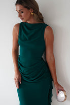 MANIJU Dresses 1*DONE -MANIJU-MF25029-EMERALD DRESS WITH RUFFLE DRAPE