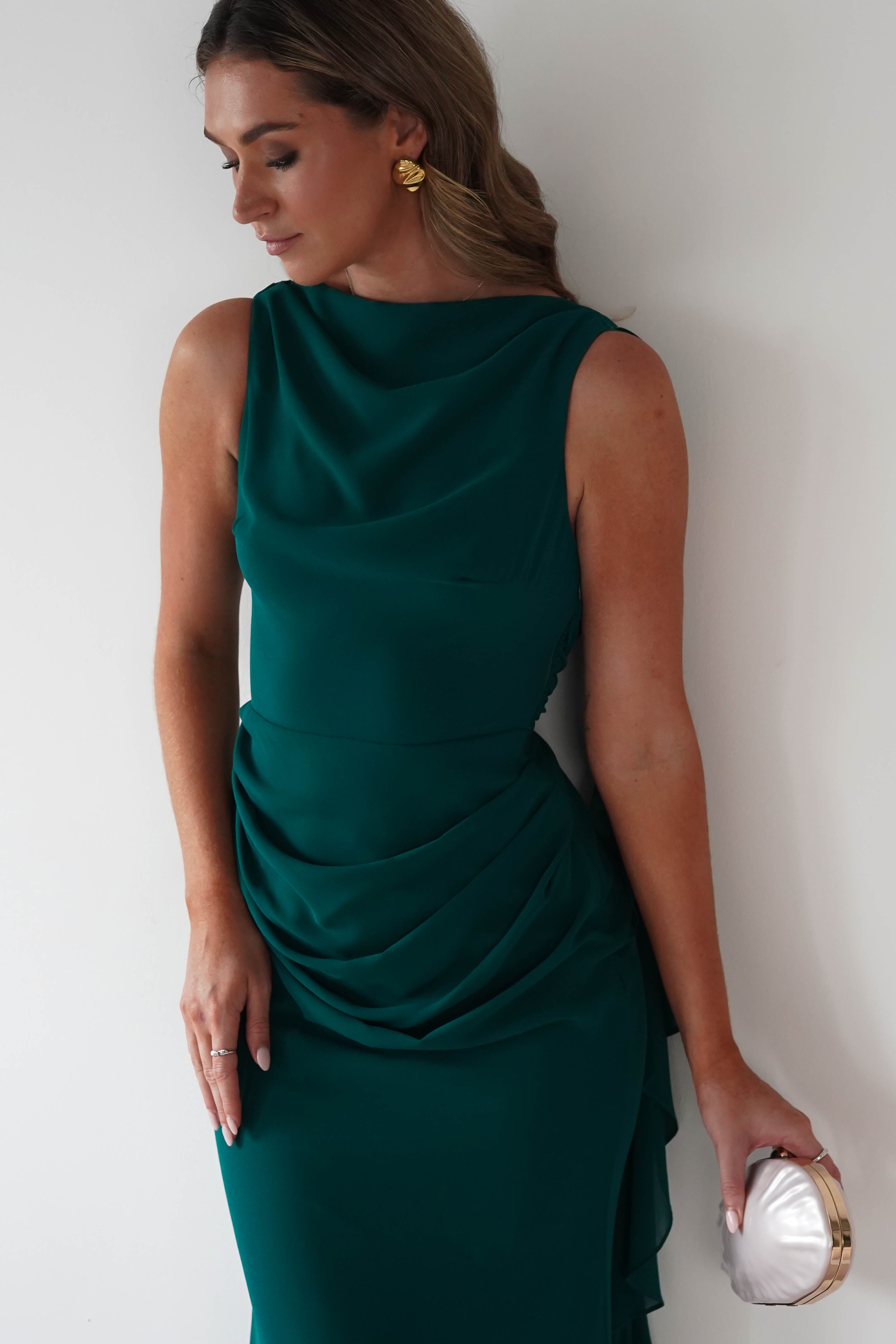 MANIJU Dresses 1*DONE -MANIJU-MF25029-EMERALD DRESS WITH RUFFLE DRAPE