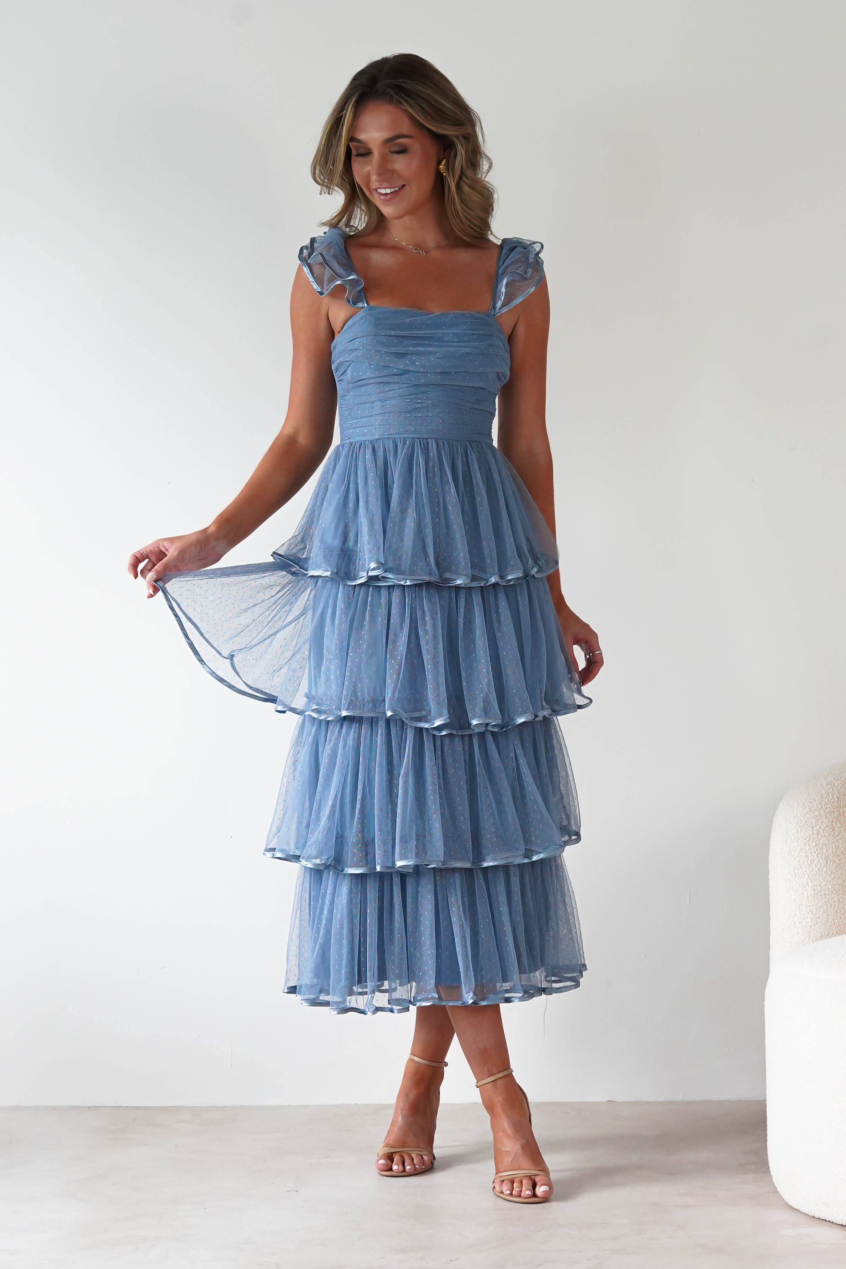 MANIJU Dresses 1*DONE -MANIJU-MM23016-SLATEBLUE DOTTED TULLE DRESS