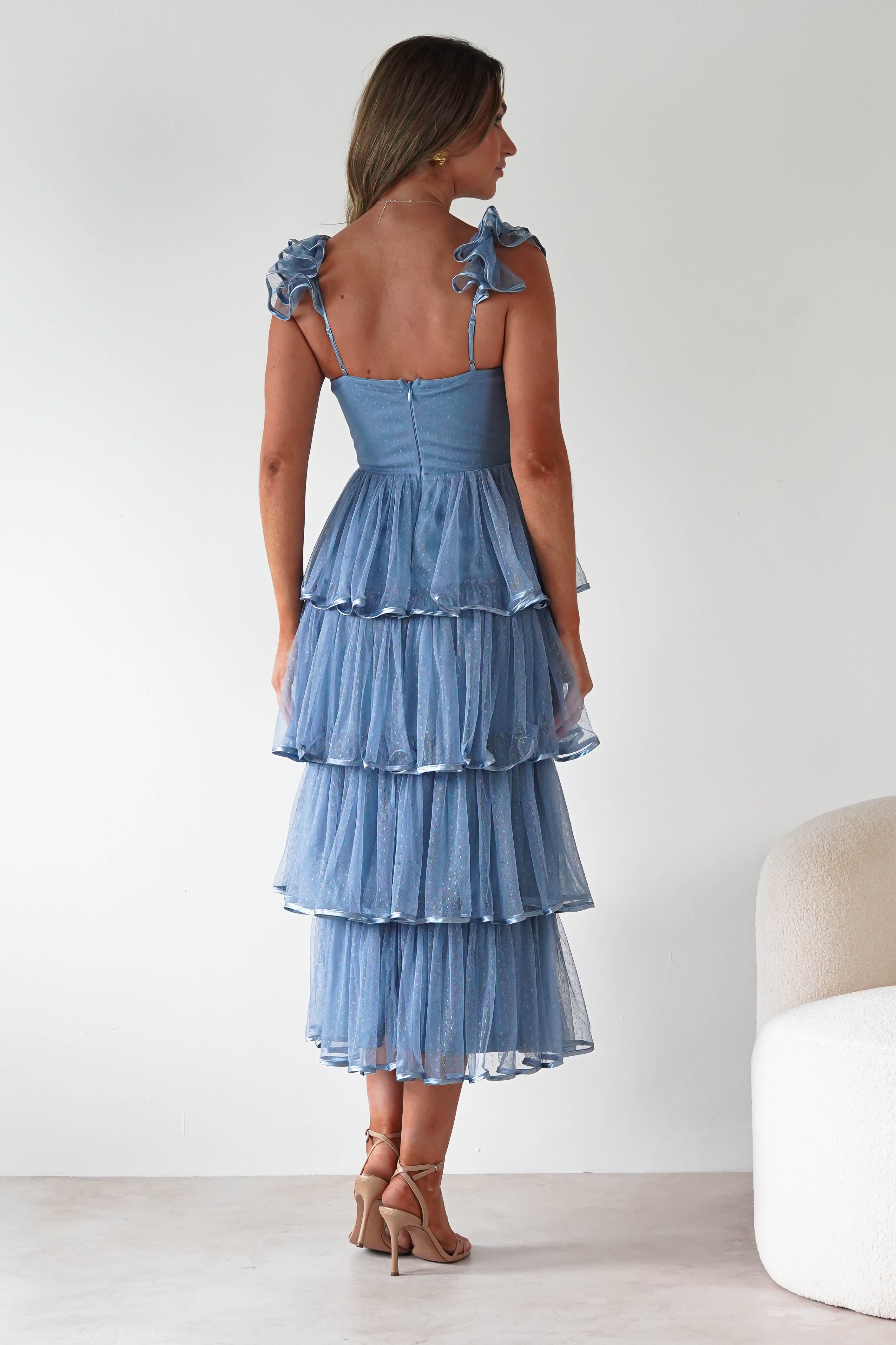 MANIJU Dresses 1*DONE -MANIJU-MM23016-SLATEBLUE DOTTED TULLE DRESS
