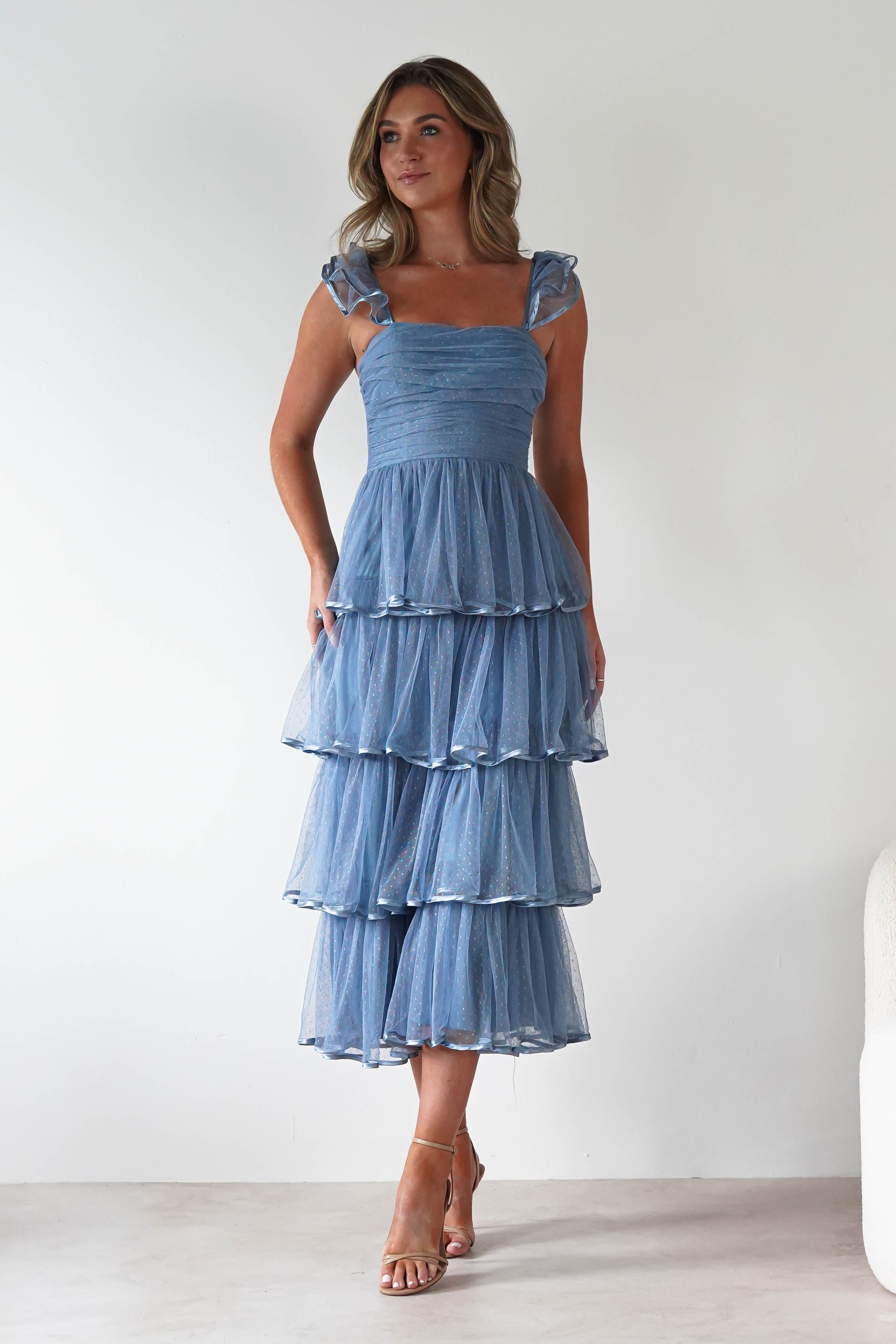 MANIJU Dresses 1*DONE -MANIJU-MM23016-SLATEBLUE DOTTED TULLE DRESS