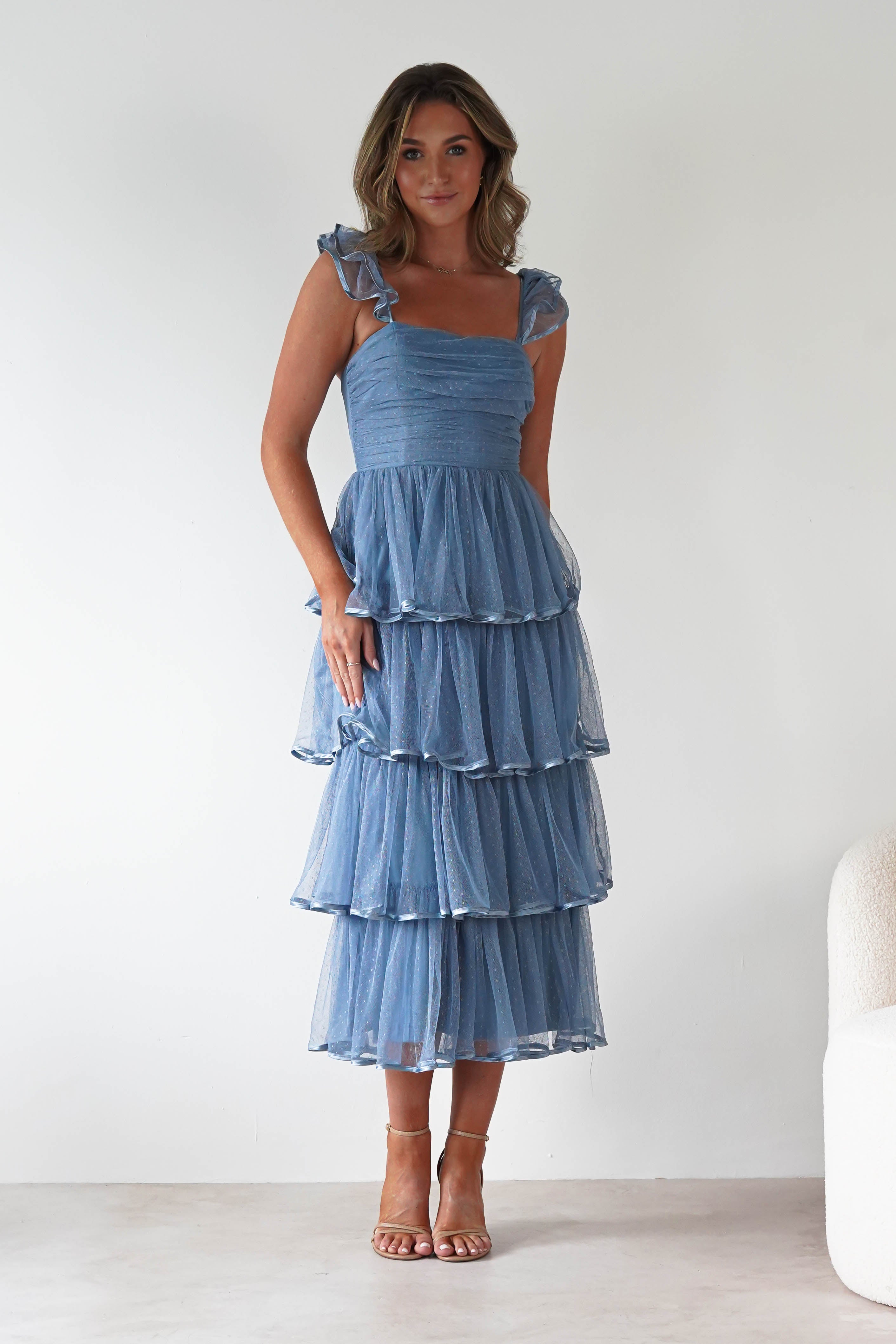 MANIJU Dresses 1*DONE -MANIJU-MM23016-SLATEBLUE DOTTED TULLE DRESS