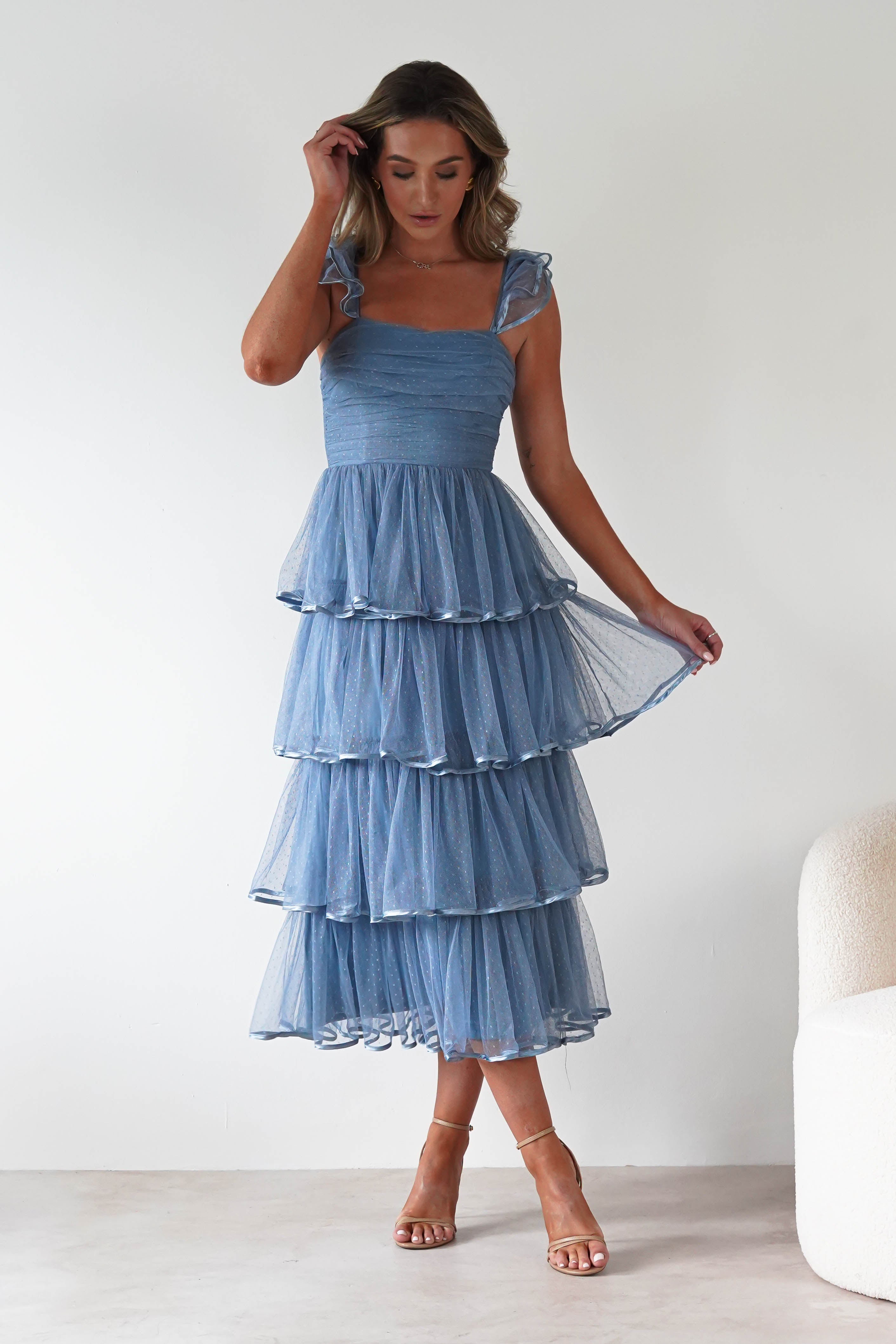 MANIJU Dresses 1*DONE -MANIJU-MM23016-SLATEBLUE DOTTED TULLE DRESS