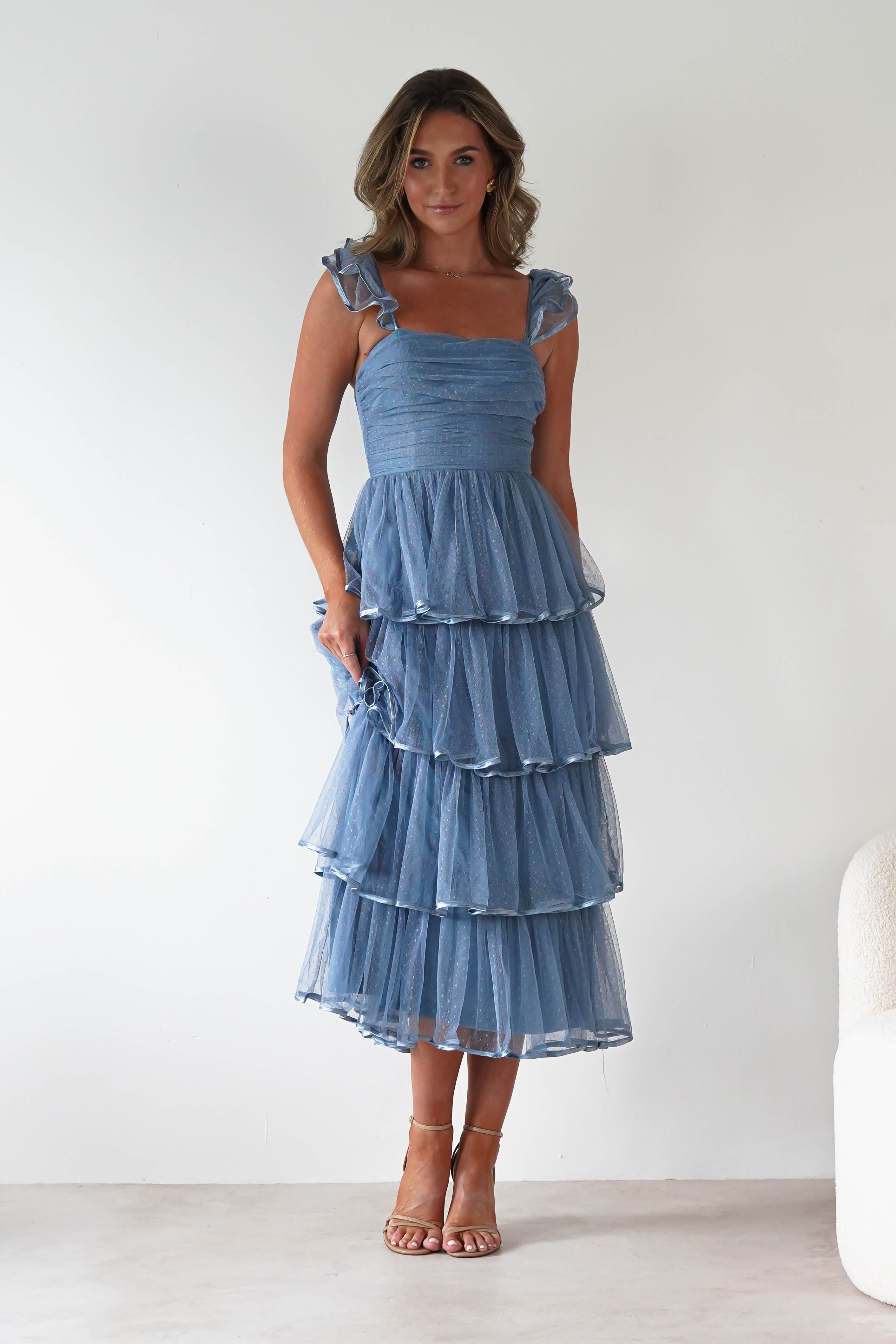 MANIJU Dresses 1*DONE -MANIJU-MM23016-SLATEBLUE DOTTED TULLE DRESS