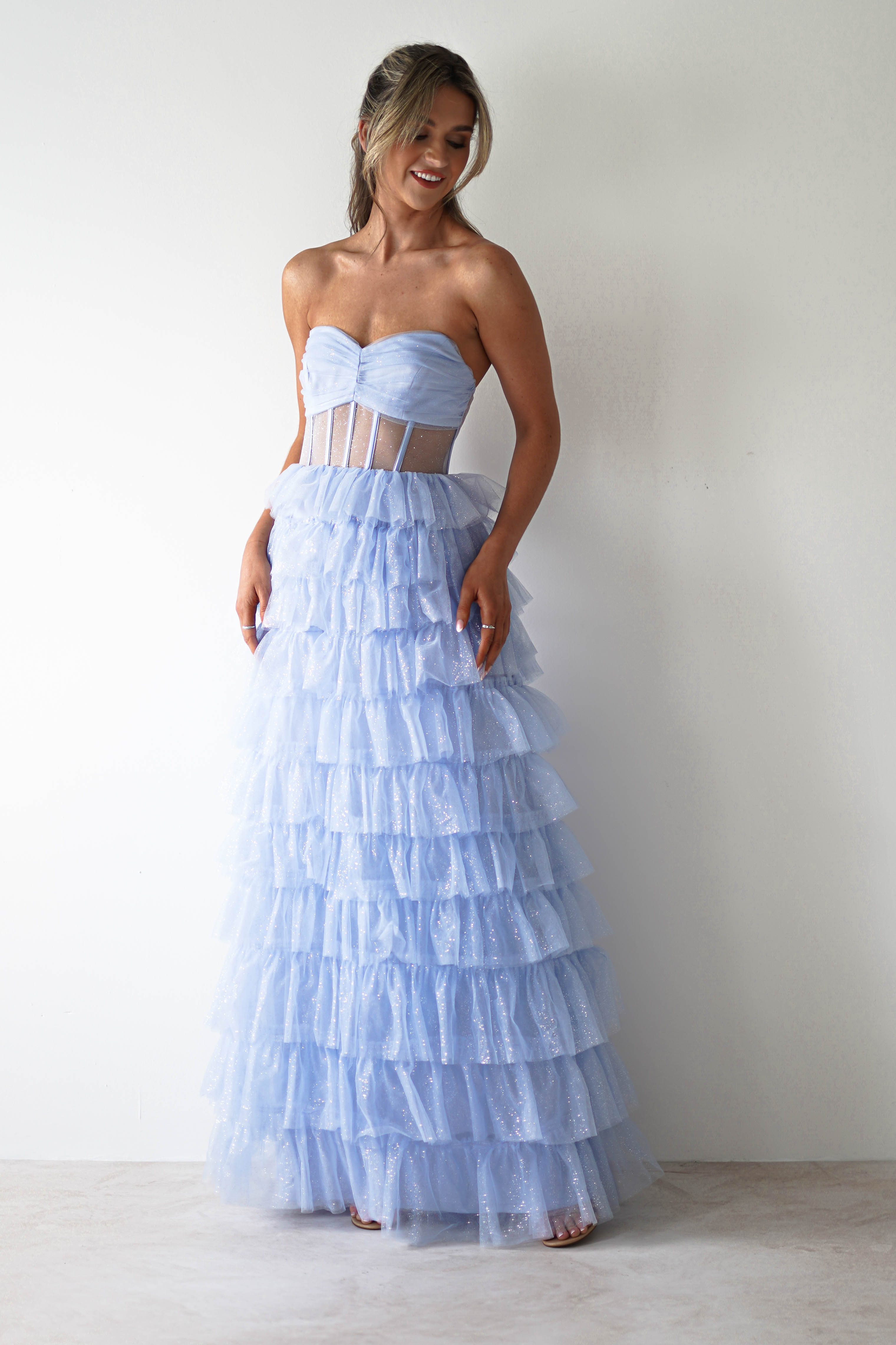 Claudette Ruffle Glitter Maxi Dress | Blue