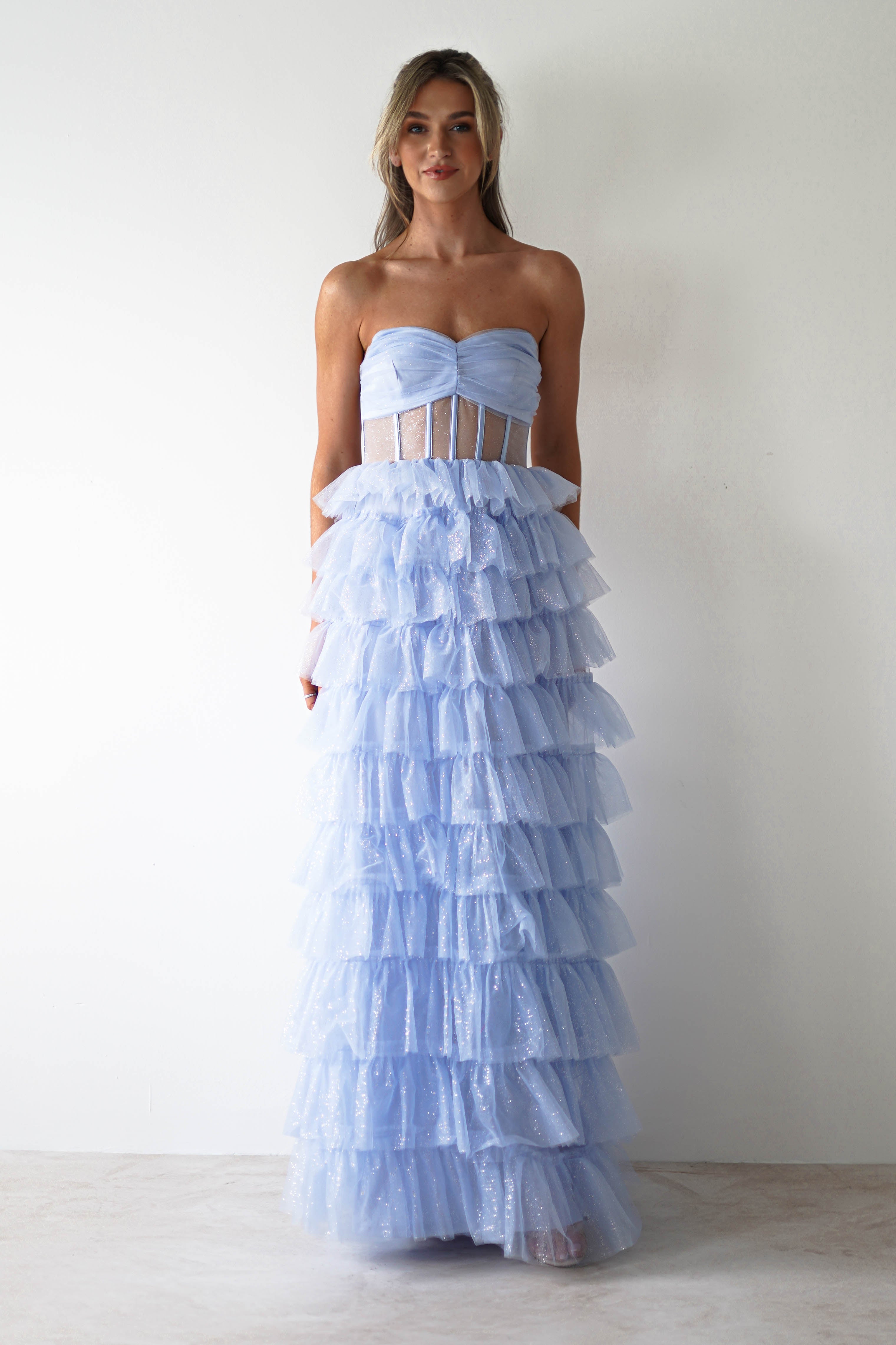 Claudette Ruffle Glitter Maxi Dress | Blue