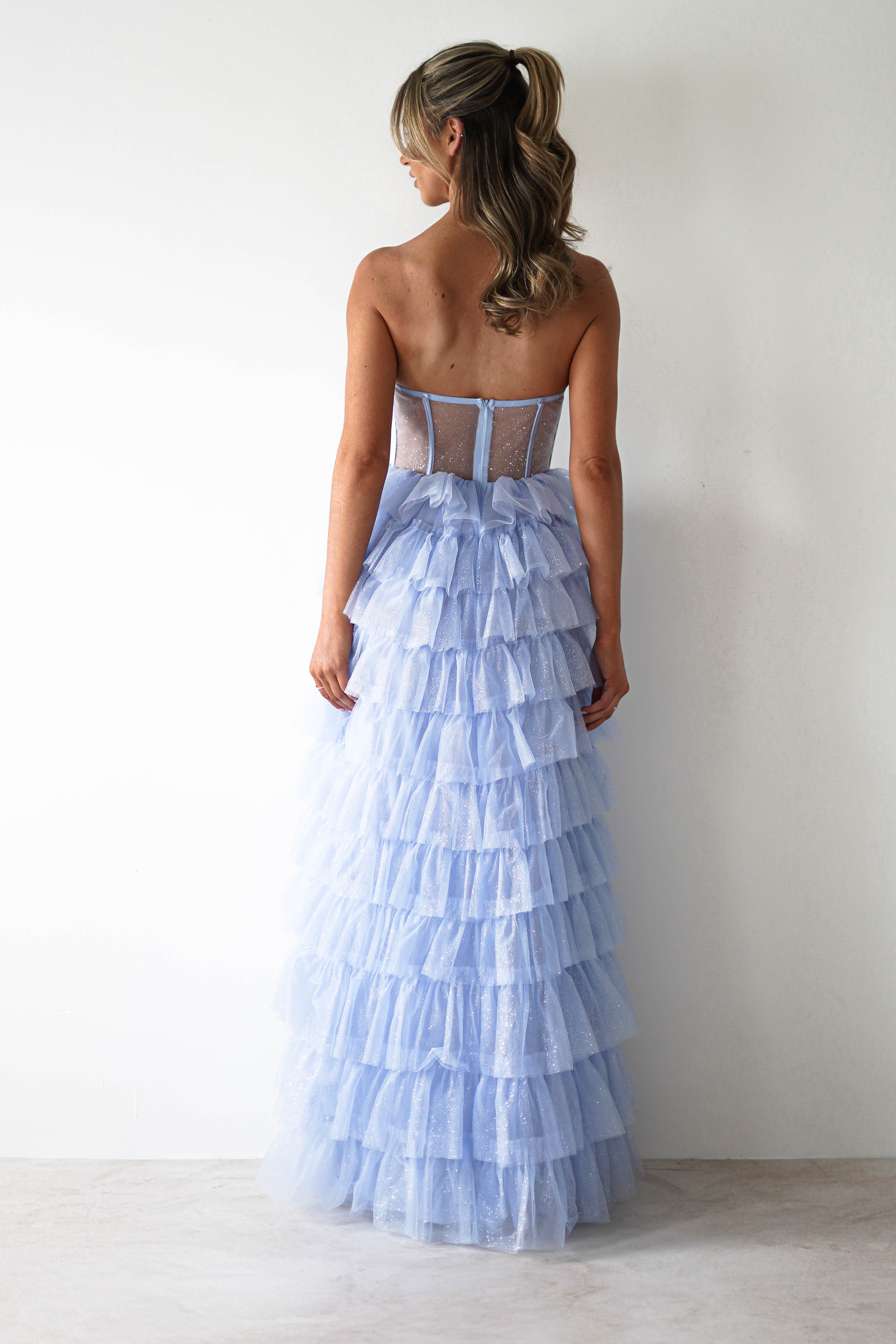 Claudette Ruffle Glitter Maxi Dress | Blue