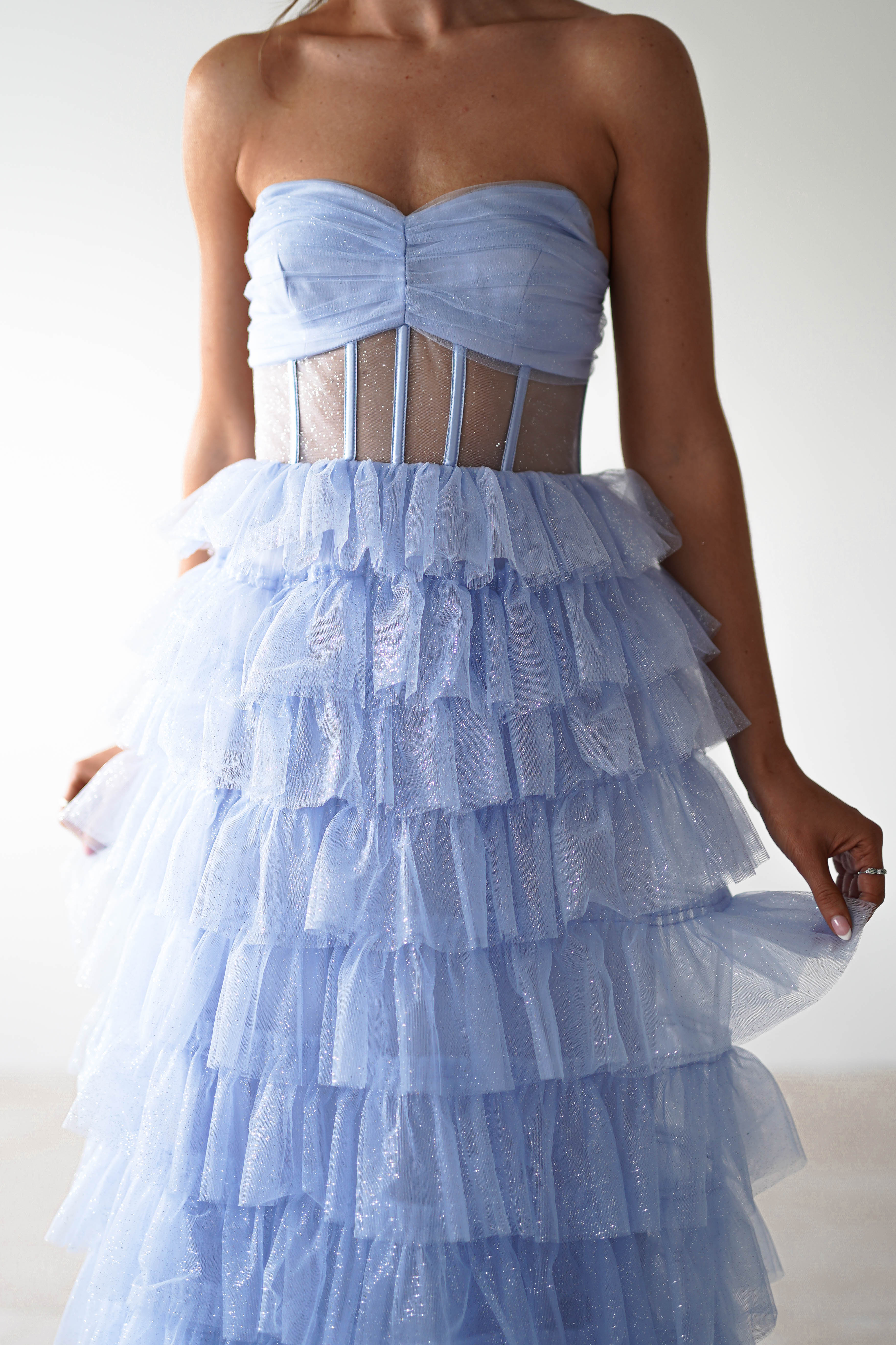 Claudette Ruffle Glitter Maxi Dress | Blue