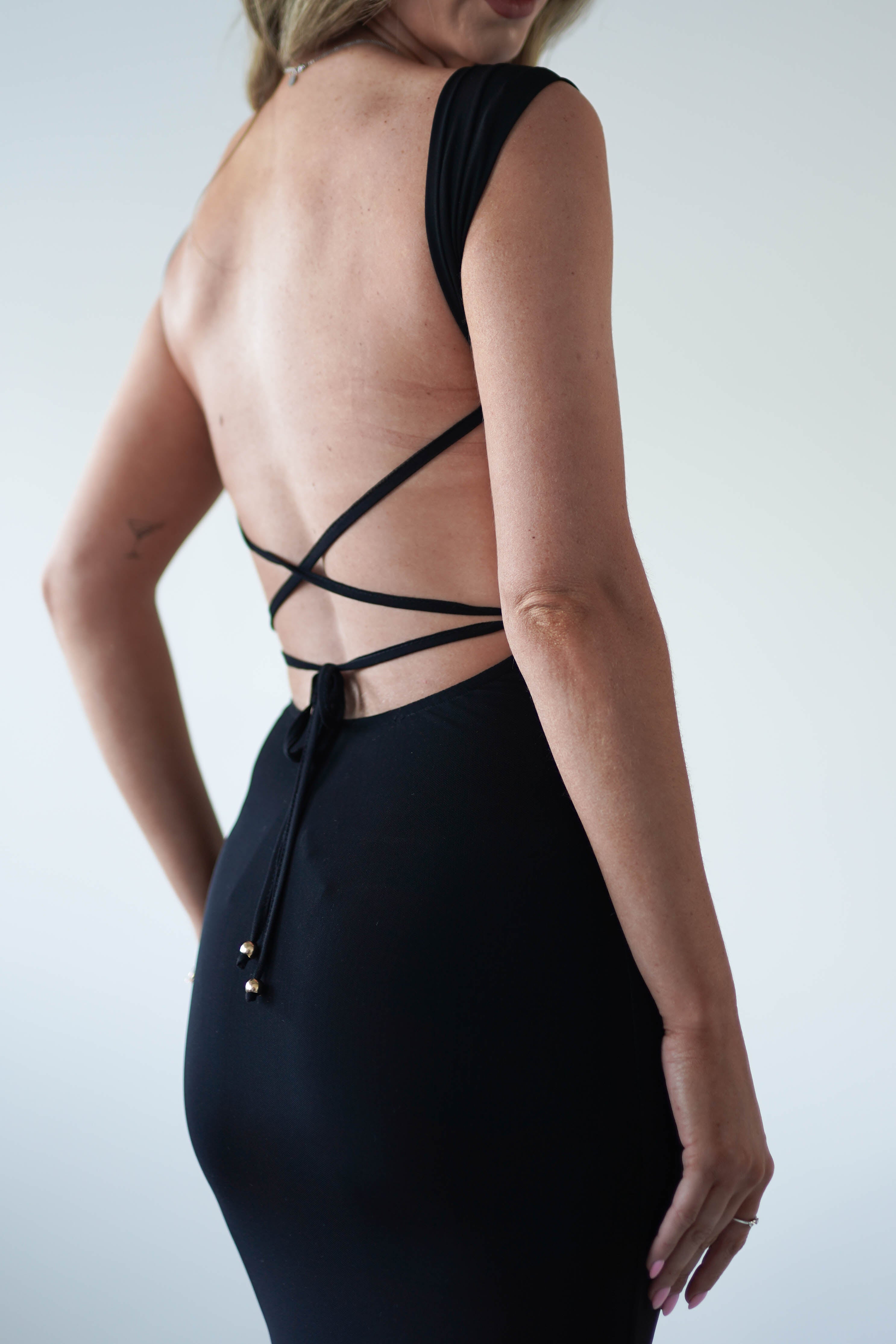 Sky Stretchy Mesh Backless Maxi Dress | Black - Oh Hello Clothing