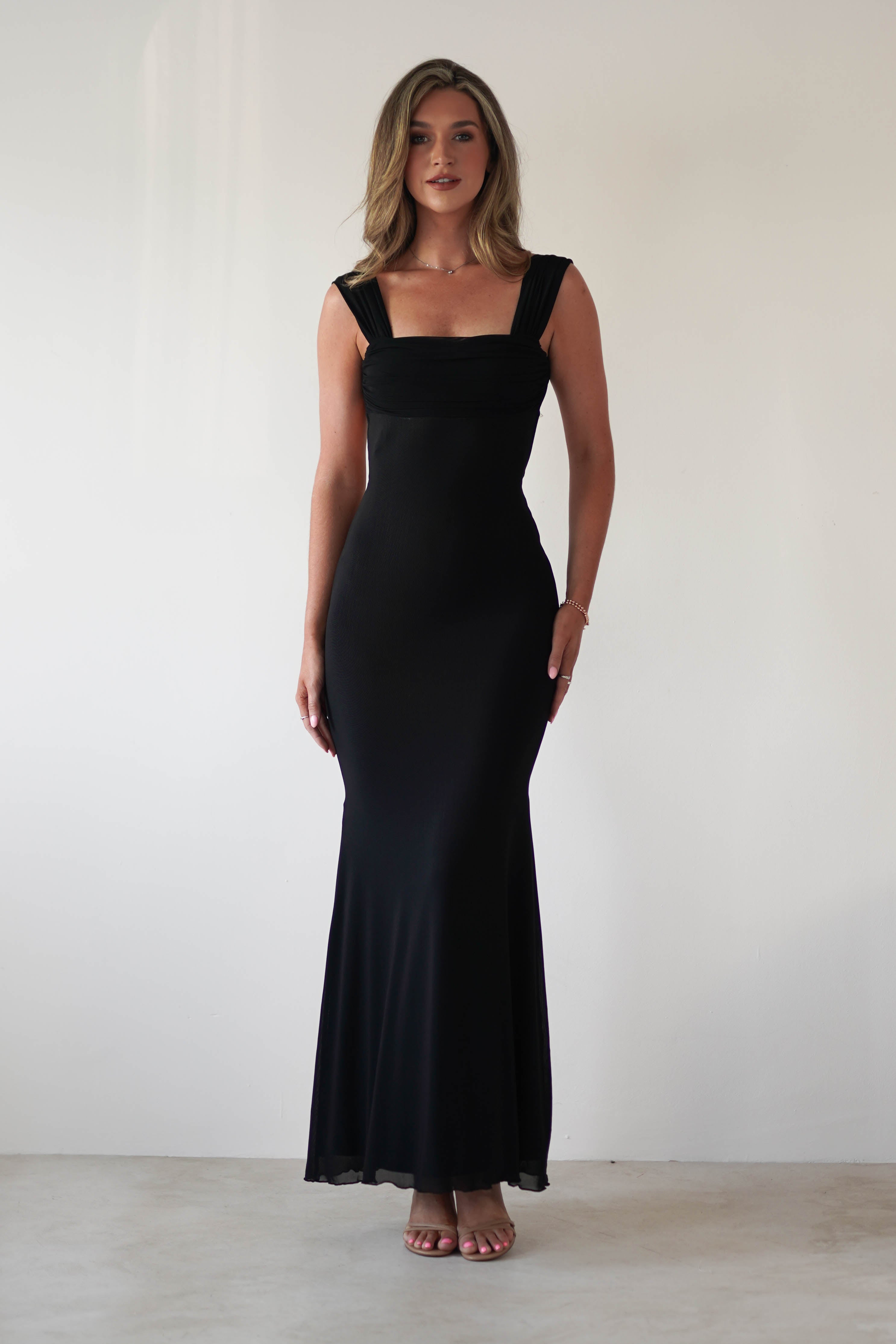 Sky Stretchy Mesh Backless Maxi Dress | Black - Oh Hello Clothing