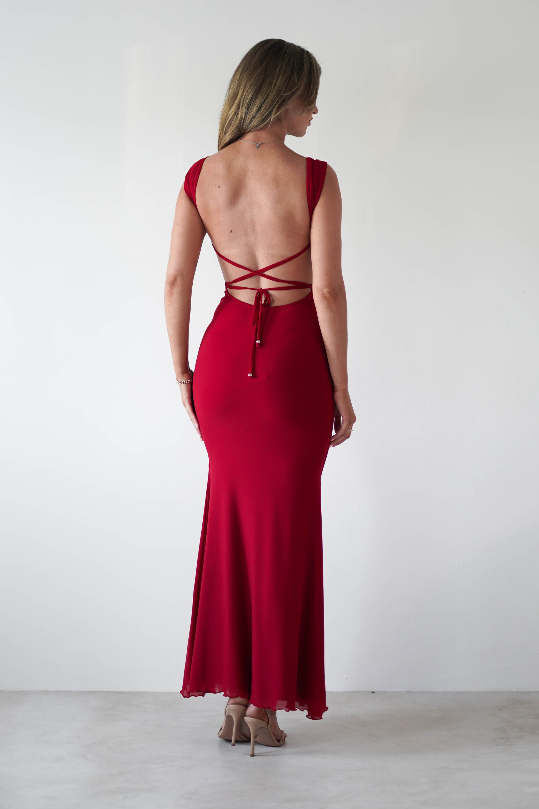 Sky Stretchy Mesh Backless Maxi Dress