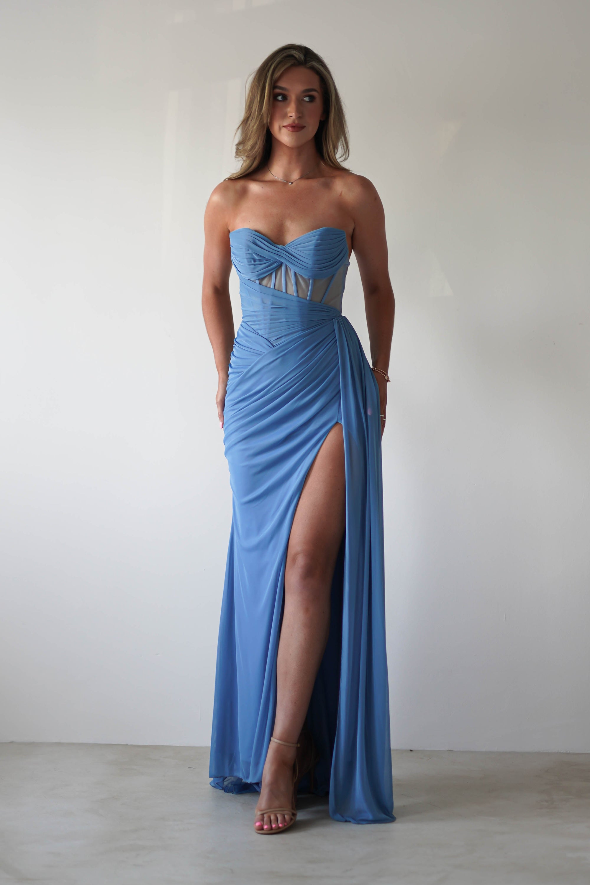 Robyn Draped Fitted Stapless Gown | Blue | Oh Hello Clothing | XS (6)
