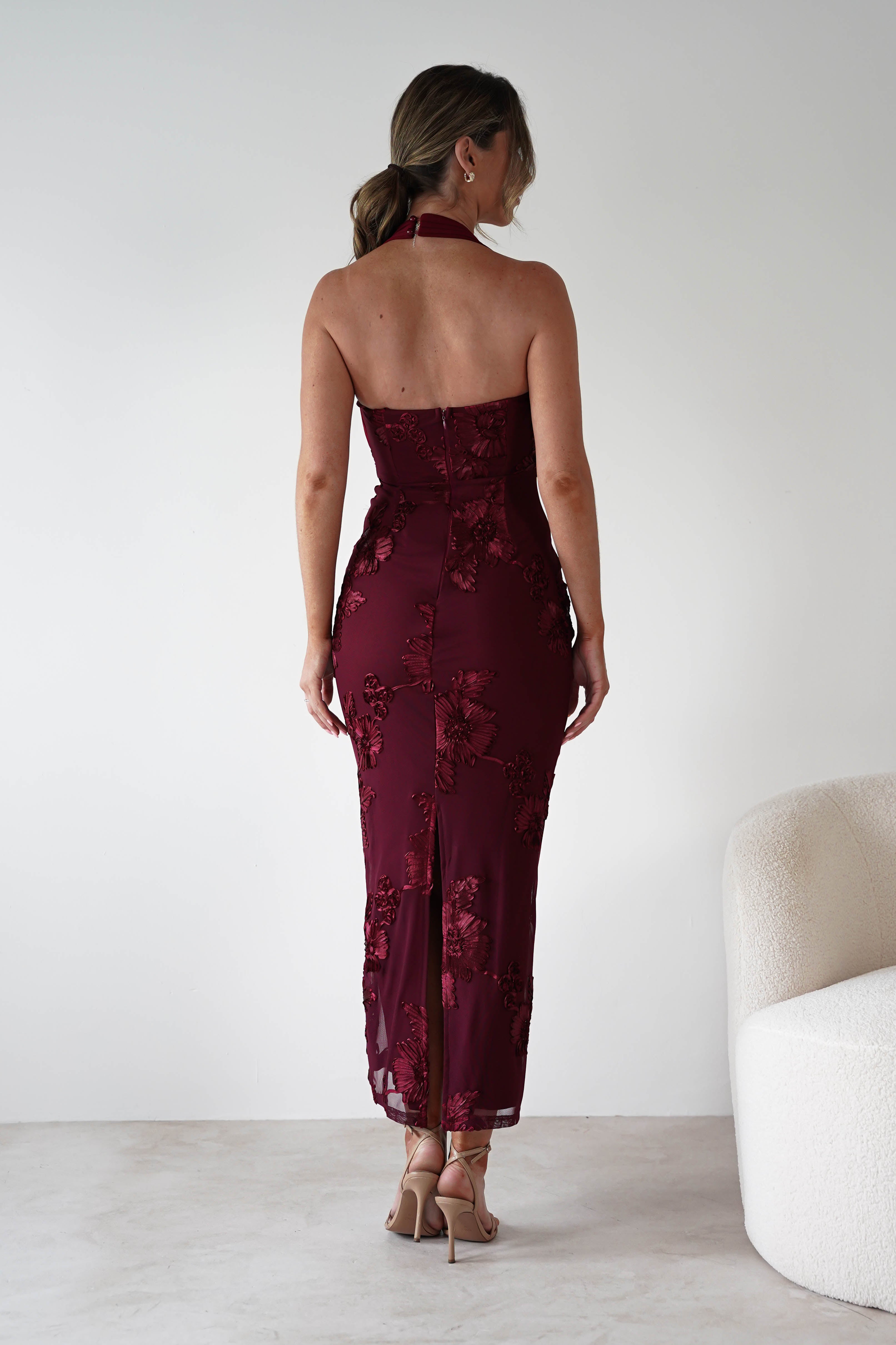 sasha Dresses 1*DONE-SASHA-6149D-WINE FLORAL EMBROIDERY DRESS