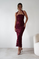 sasha Dresses 1*DONE-SASHA-6149D-WINE FLORAL EMBROIDERY DRESS