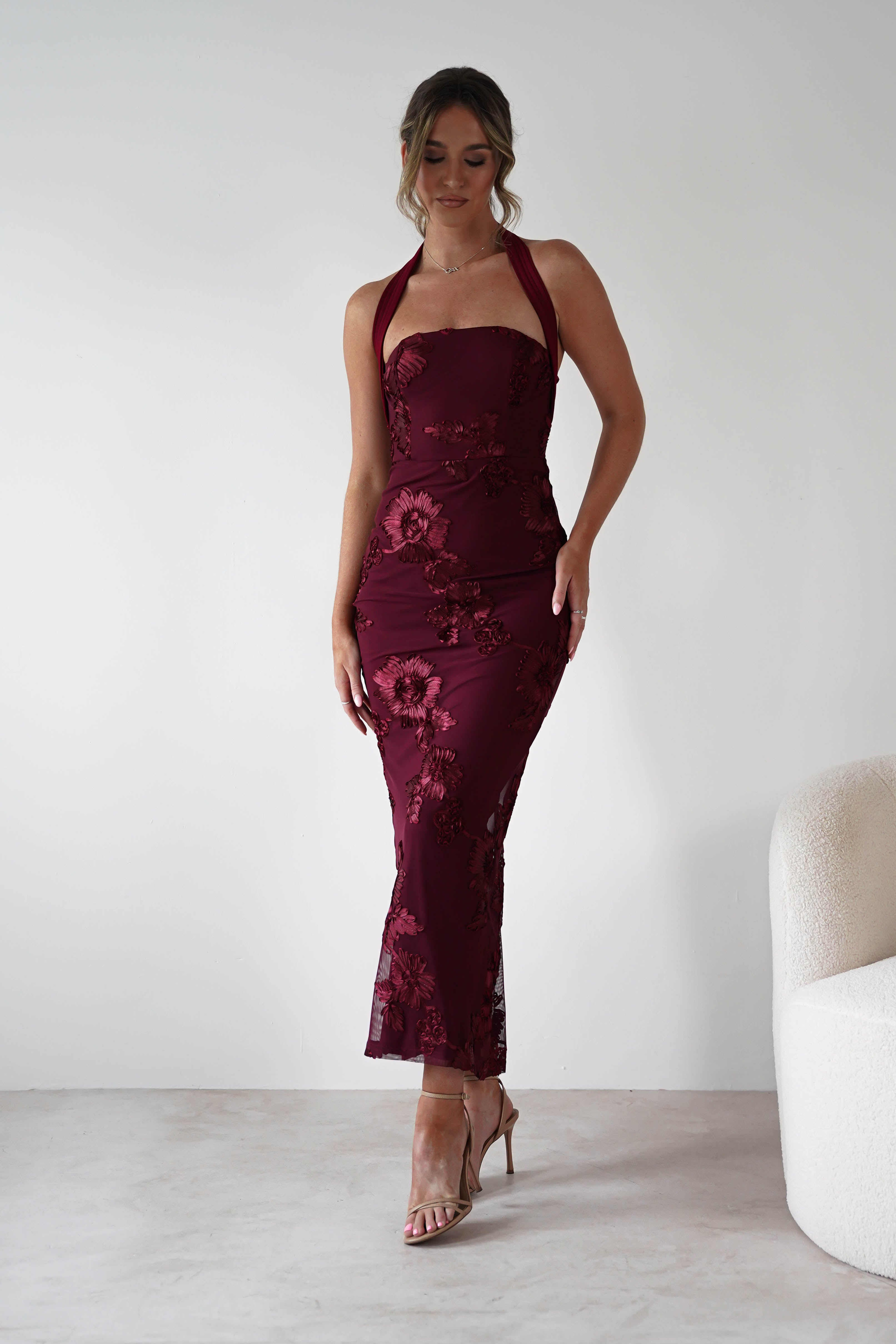 sasha Dresses 1*DONE-SASHA-6149D-WINE FLORAL EMBROIDERY DRESS