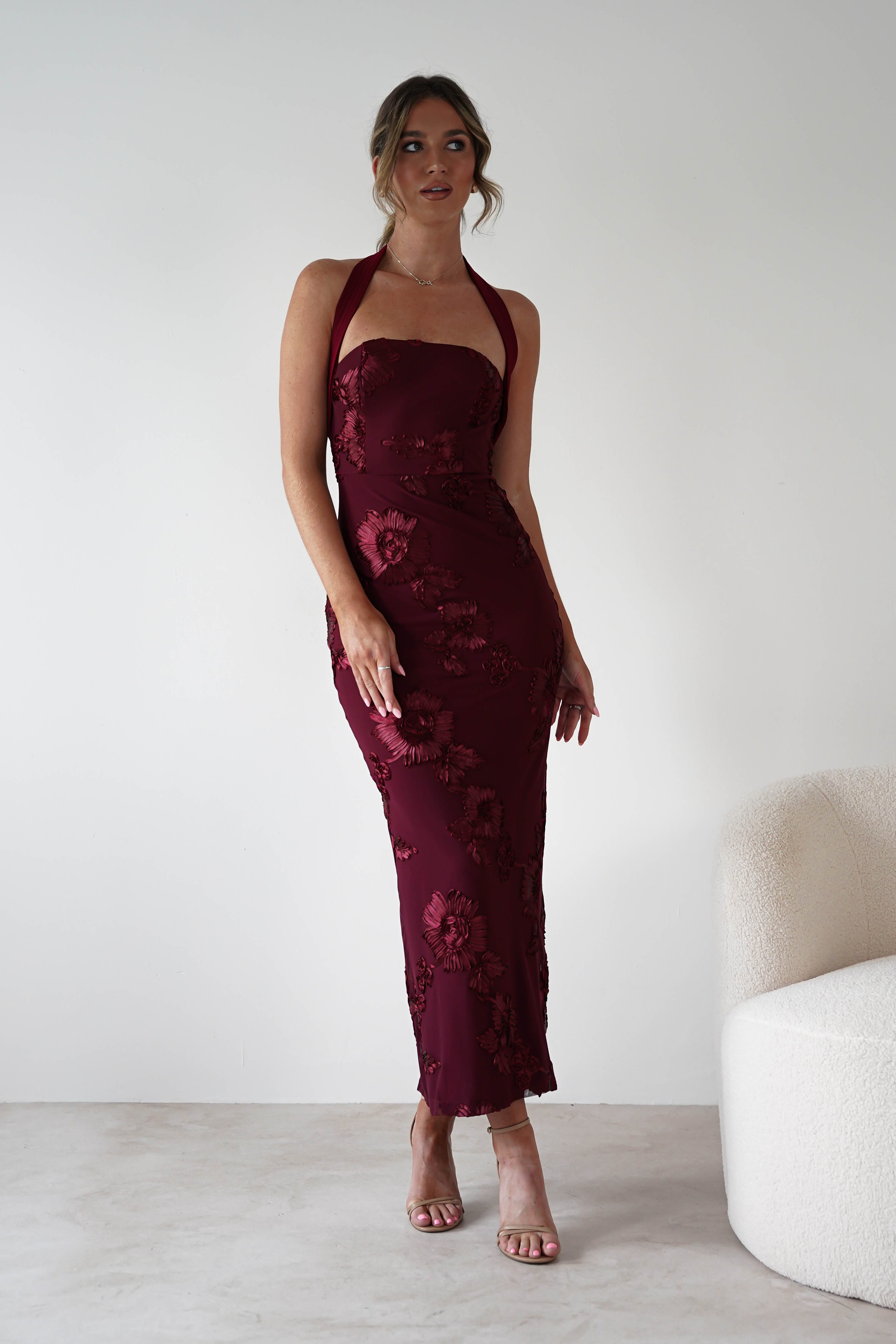 sasha Dresses 1*DONE-SASHA-6149D-WINE FLORAL EMBROIDERY DRESS