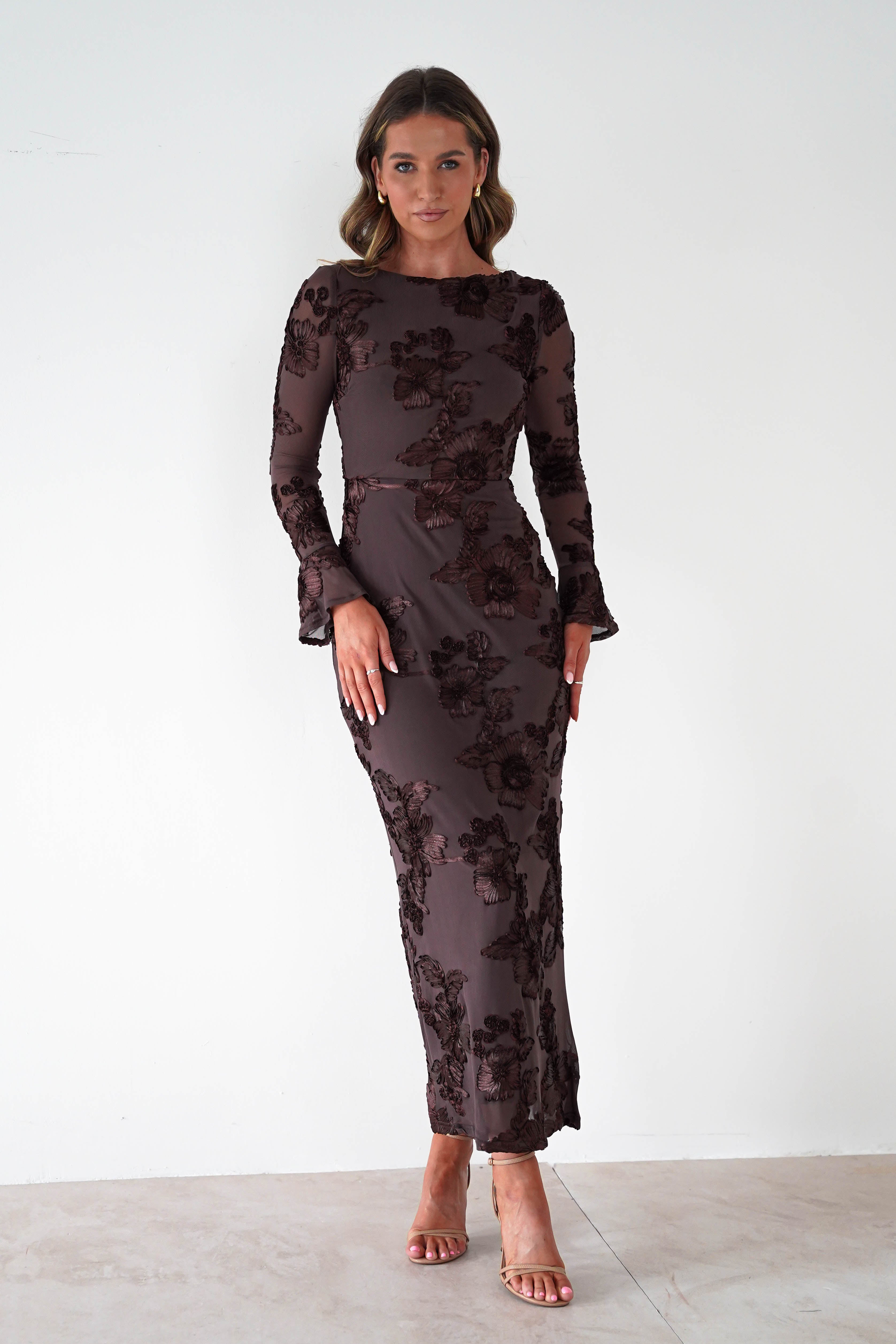 sasha Dresses 1*DONE-SASHA-64623D08OH-BROWN FLORAL EMBROIDERED LONG SLEEVE DRESS