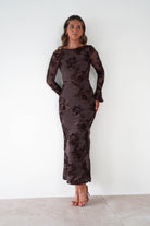 sasha Dresses 1*DONE-SASHA-64623D08OH-BROWN FLORAL EMBROIDERED LONG SLEEVE DRESS