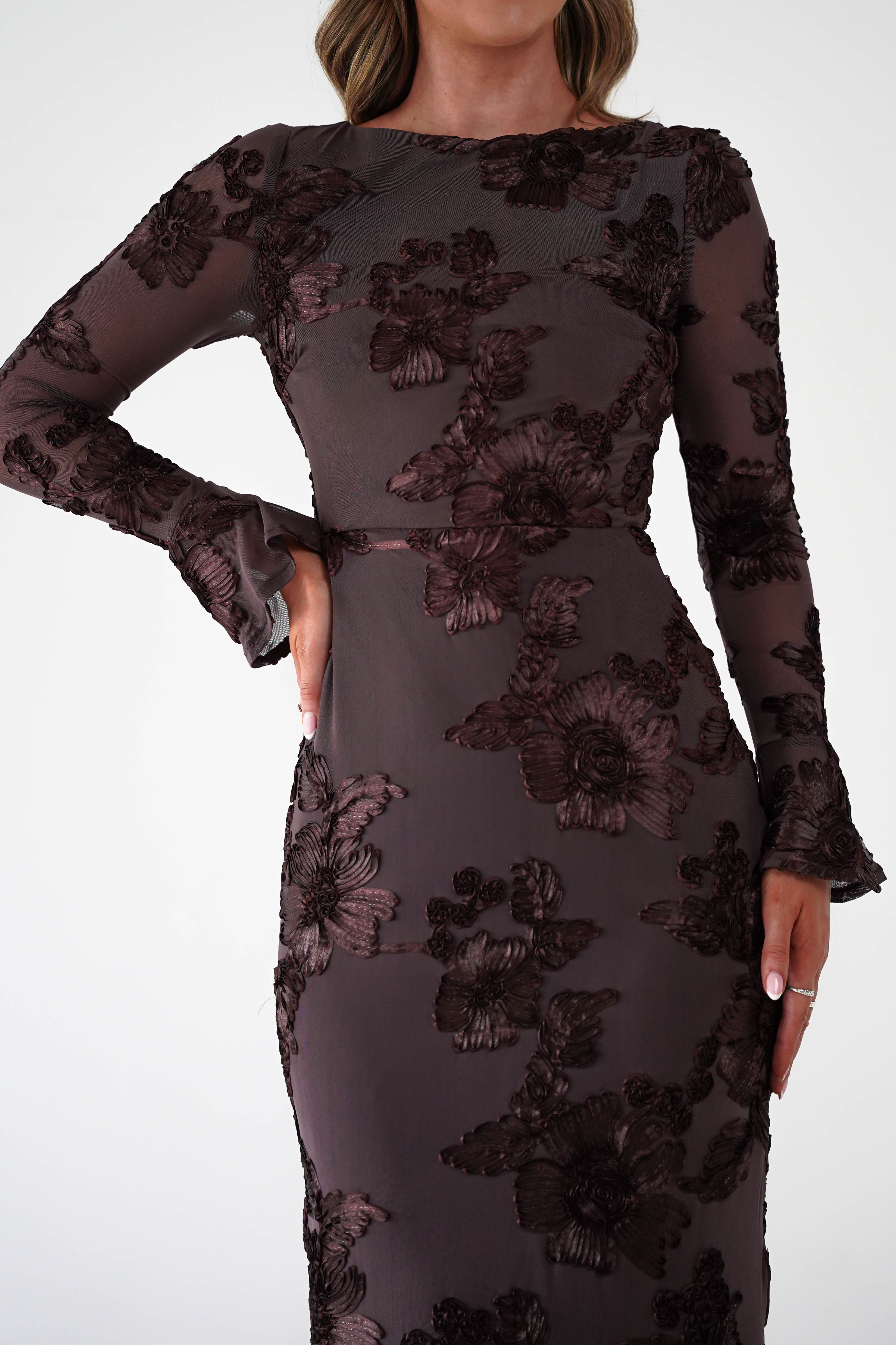 sasha Dresses 1*DONE-SASHA-64623D08OH-BROWN FLORAL EMBROIDERED LONG SLEEVE DRESS